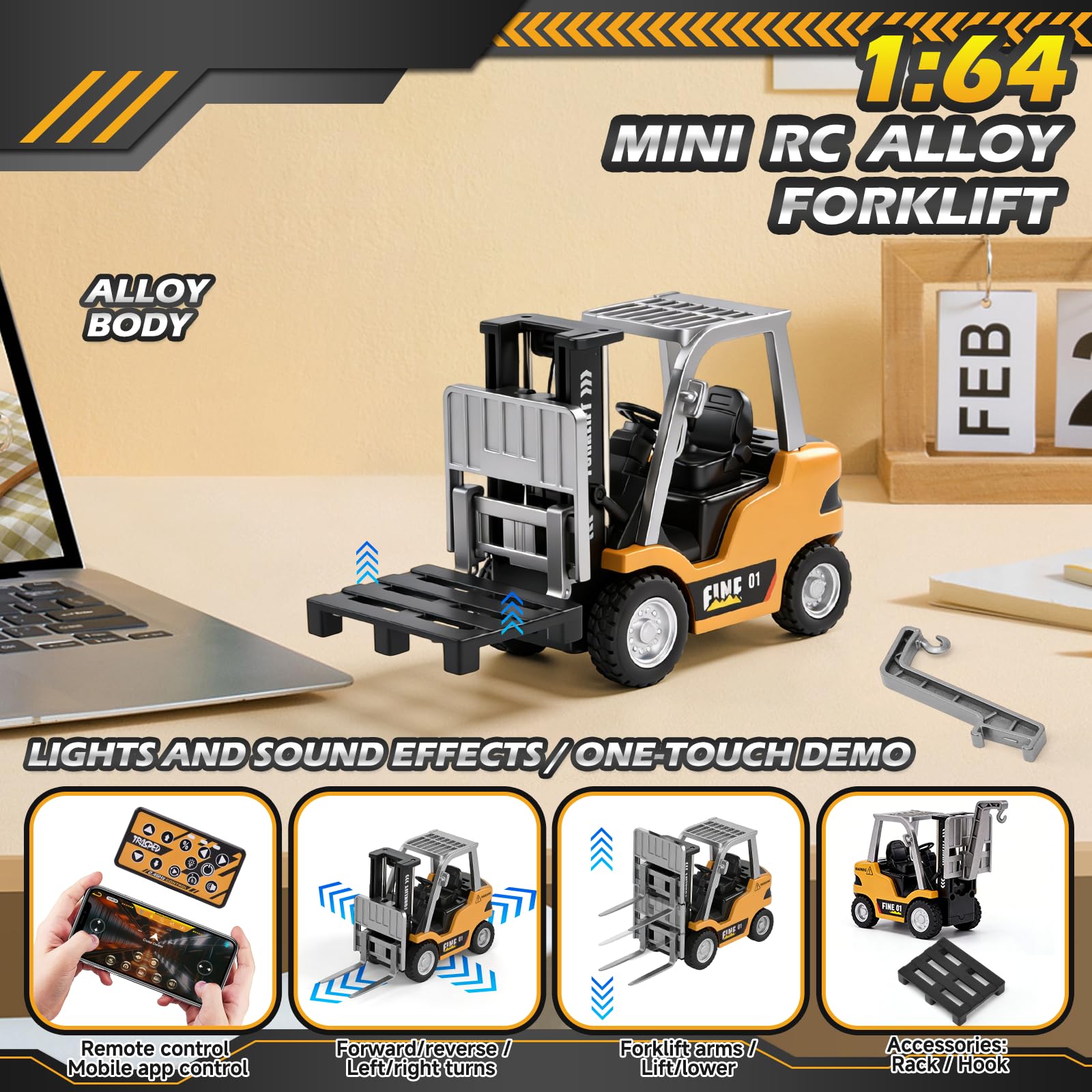 Mini Carretilla Elevadora RC, 1:64 Juguete de Carretilla Elevadora Teledirigida con App y Mando 2,4 GHz, Horquillas y Gancho, Vehículo de Construcción RC con Luces y Sonido - 4