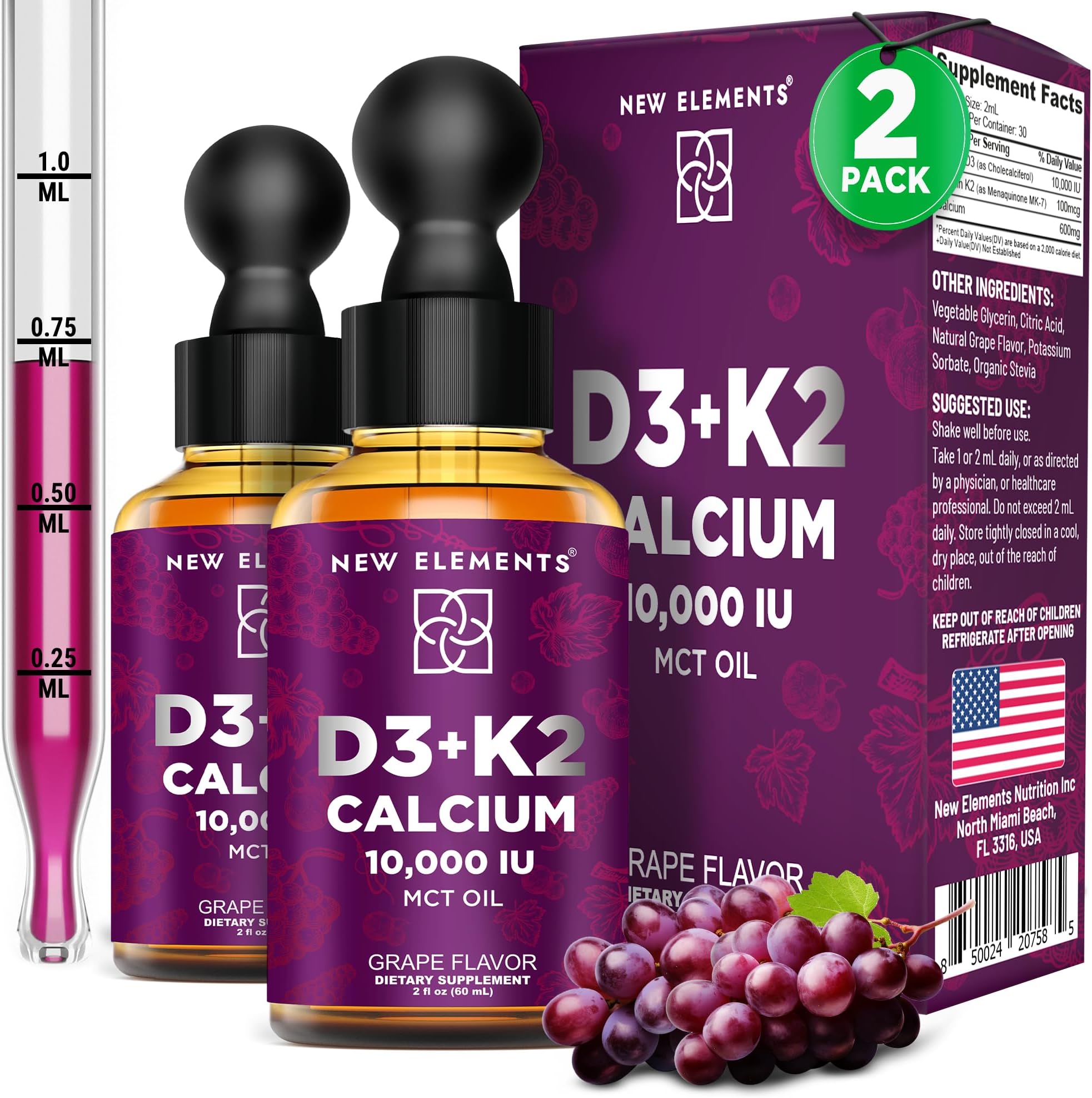 New Elements [2 𝐏𝐚𝐜𝐤] Liquid Vitamin D3 K2 Drops with Calcium for Adults | Vitamin D3 10,000 IU | D3 K2 with Calcium for Bone Health & Immunity Support | Joint Health Supplement | Non-GMO | Vegan