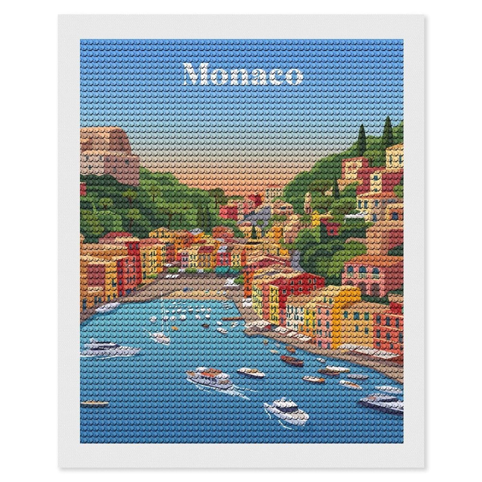 Junmoney Monaco Coastal Town Diamond Art Kit 16"x20", Relaxing DIY Hobby, Satisfying Creative Project, Living Room Decor, for Women