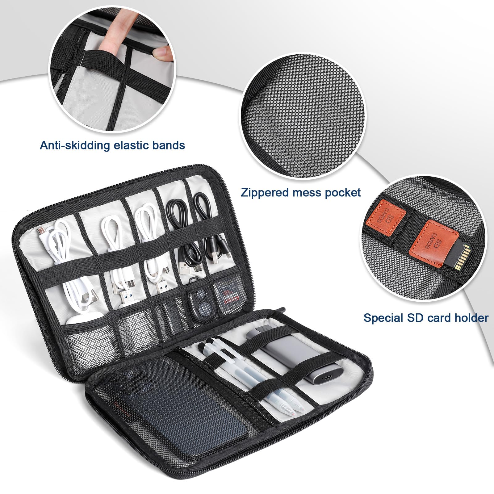 Cozary Torba do przechowywania kabli, torba na kable podróżne, przenośny organizer na akcesoria elektroniczne do dysków twardych, kabli, ładowarki, kabli USB, karty SD, szara