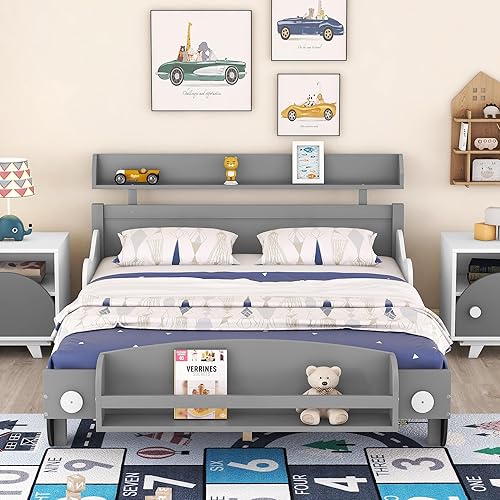Miniatura 21 de Cama individual de automóvil para niños pequeños con estantes de almacenamiento, marco de cama baja de madera para niños, color blanco