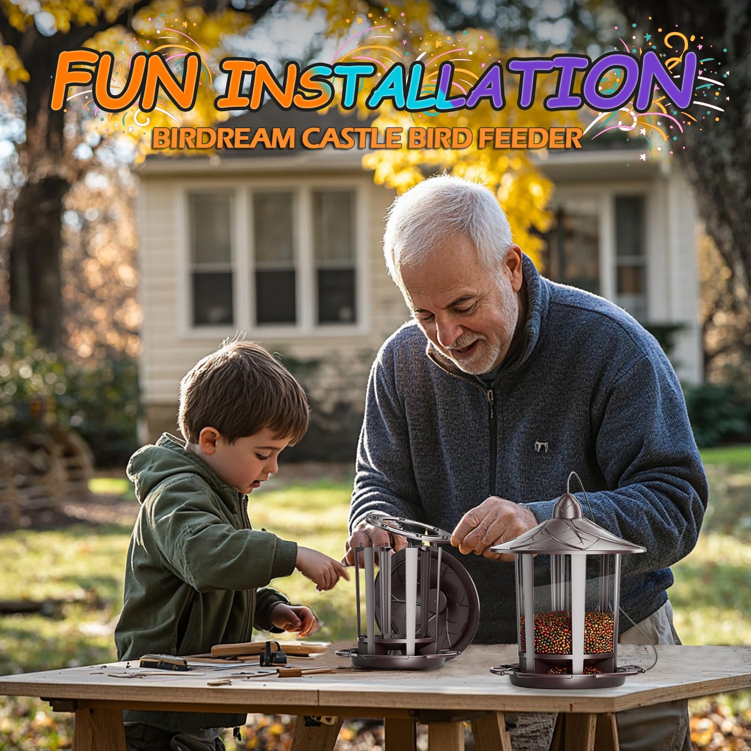 Birdream 2 Pack Bird Feeders for Outdoor Hanging, Assembly Required, 1-Min Easy Setup, Charming Castle Design, Attracting Cardinals Chickadees Goldfinches & Sparrows - Brown