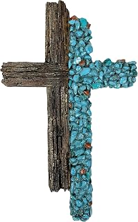 Urbalabs Western 12 Inch Wall Cross Teal Stone Pebble Distressed Cross Rustic Cowboy Religious Wall Hanging Cross Country Wall Decor Room Decoration Office Church Home