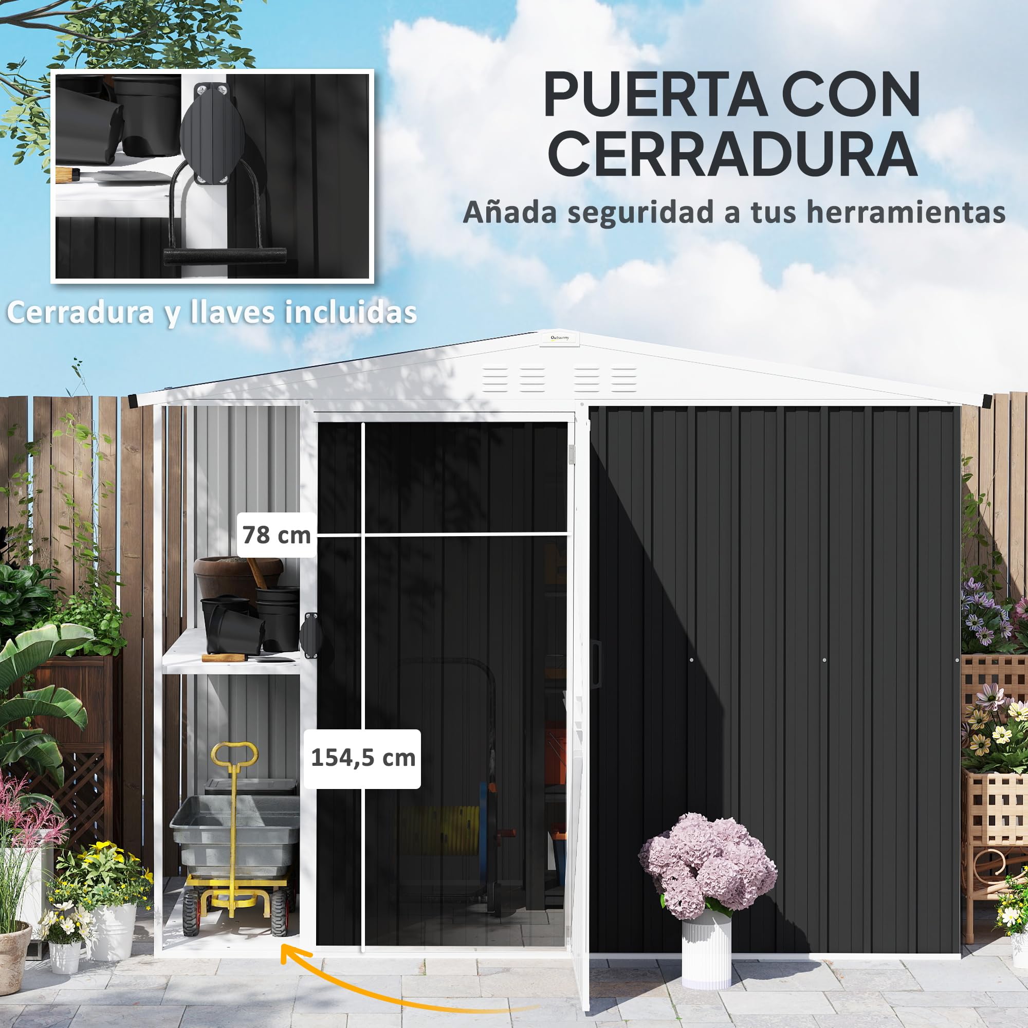Outsunny Caseta de Jardín Exterior 2,7m² 245x117x180 cm Cobertizo de Jardín Exterior con Estante de 2 Niveles 4 Ventilaciones y Puerta con Cerradura Cobertizo para Terraza Patio Gris Carbón