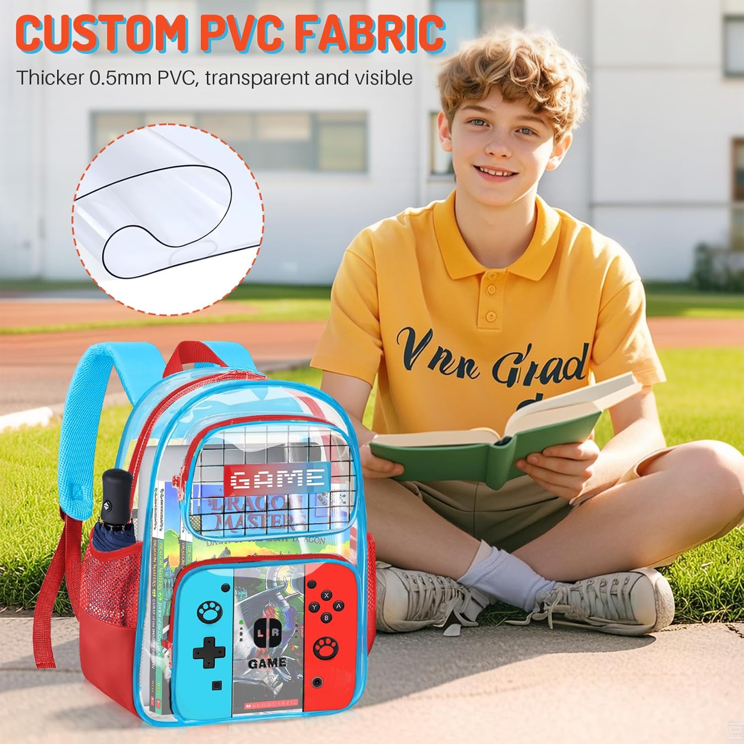 Kids Clear Backpack for Boys - Gamer Boys Clear Backpacks for School,Heavy Duty PVC Transparent Bookbag with Multiple Pockets - Large Capacity See Through Bookbag for Stadium Events - Image 6
