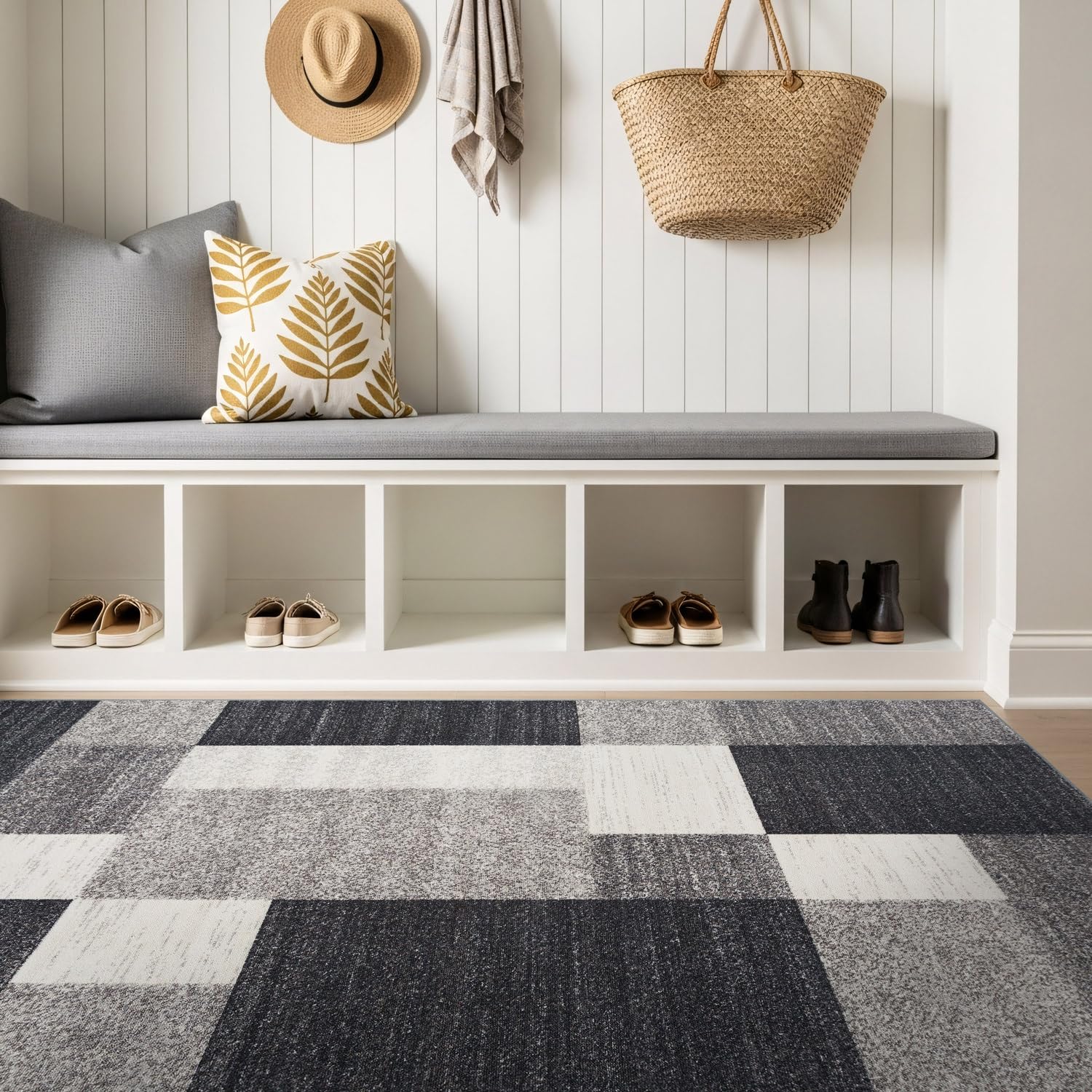 Rugshop Gray Modern Geometric Boxes Non-Slip Area Rug Non-Shedding for Dining Room, Bedroom and Living Room, 4' x 6'