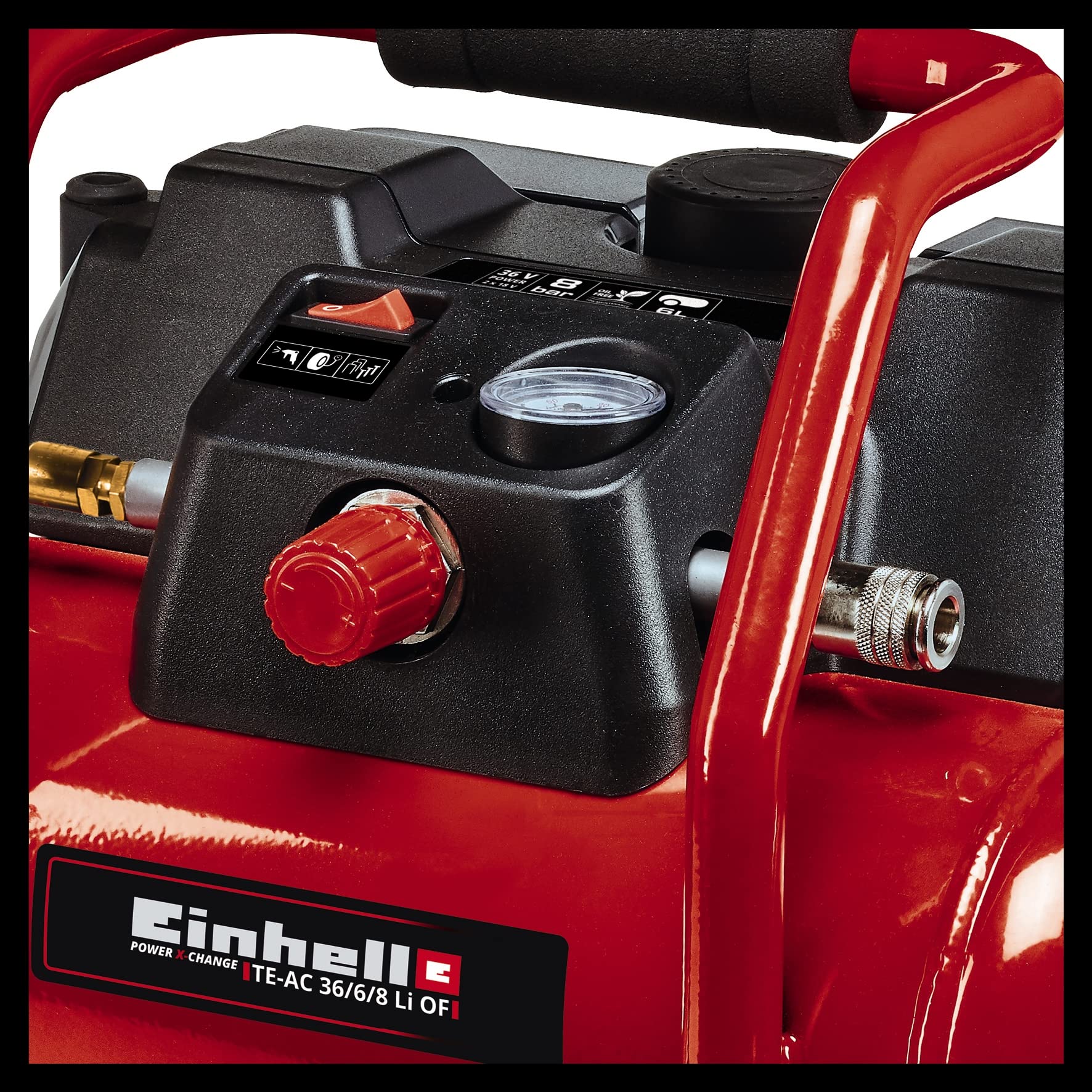 Einhell Sprężarka akumulatorowa TE-AC 36/6/8 Li OF Set Power X-Change (36 V, maks. 8 bar, 6 l zbiornik, moc ssania 130 l/min, prędkość obrotowa silnika 16000 min^-1, bezolejowa, bez akumulatora)