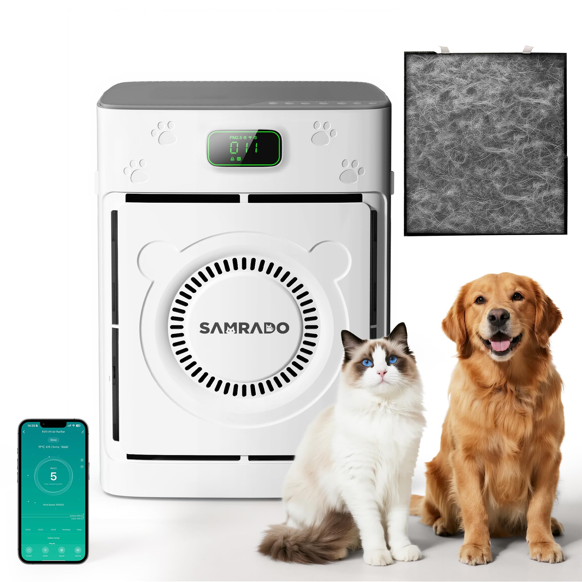 Pet Air Purifier for Home Large Room 2500 Ft with Smart WiFi APP Control Double-sided H13 HEPA Air