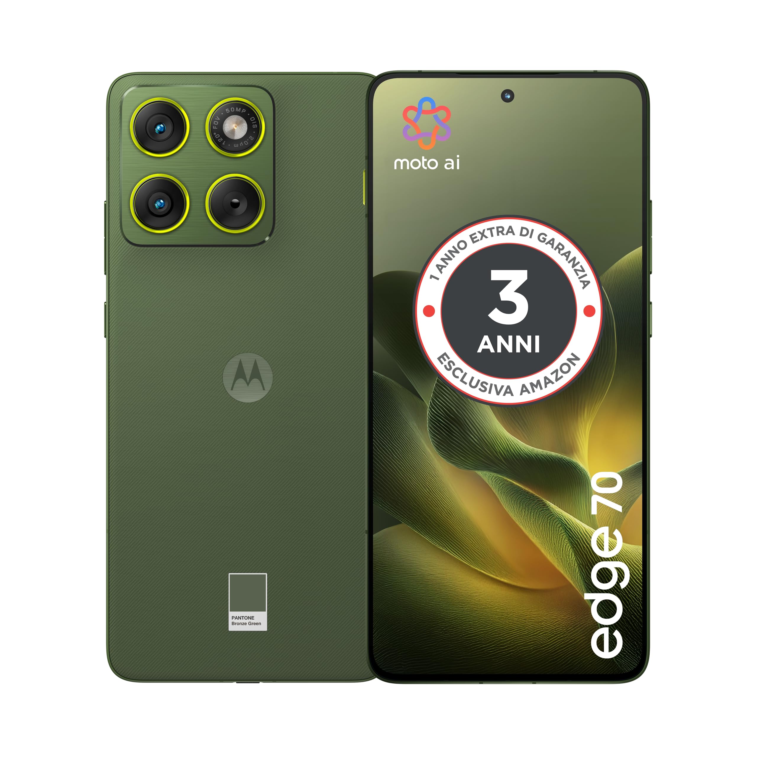 Motorola edge 70 con 3 anni di garanzia(8/256GB, Tripla 50MP, selfie 50MP, ultra sottile 5.99mm, 4800mAh Silicon-Carbon, Display 6.67" Super HD 120Hz, TurboPower 68W, Android 16) PANTONE Bronze Green