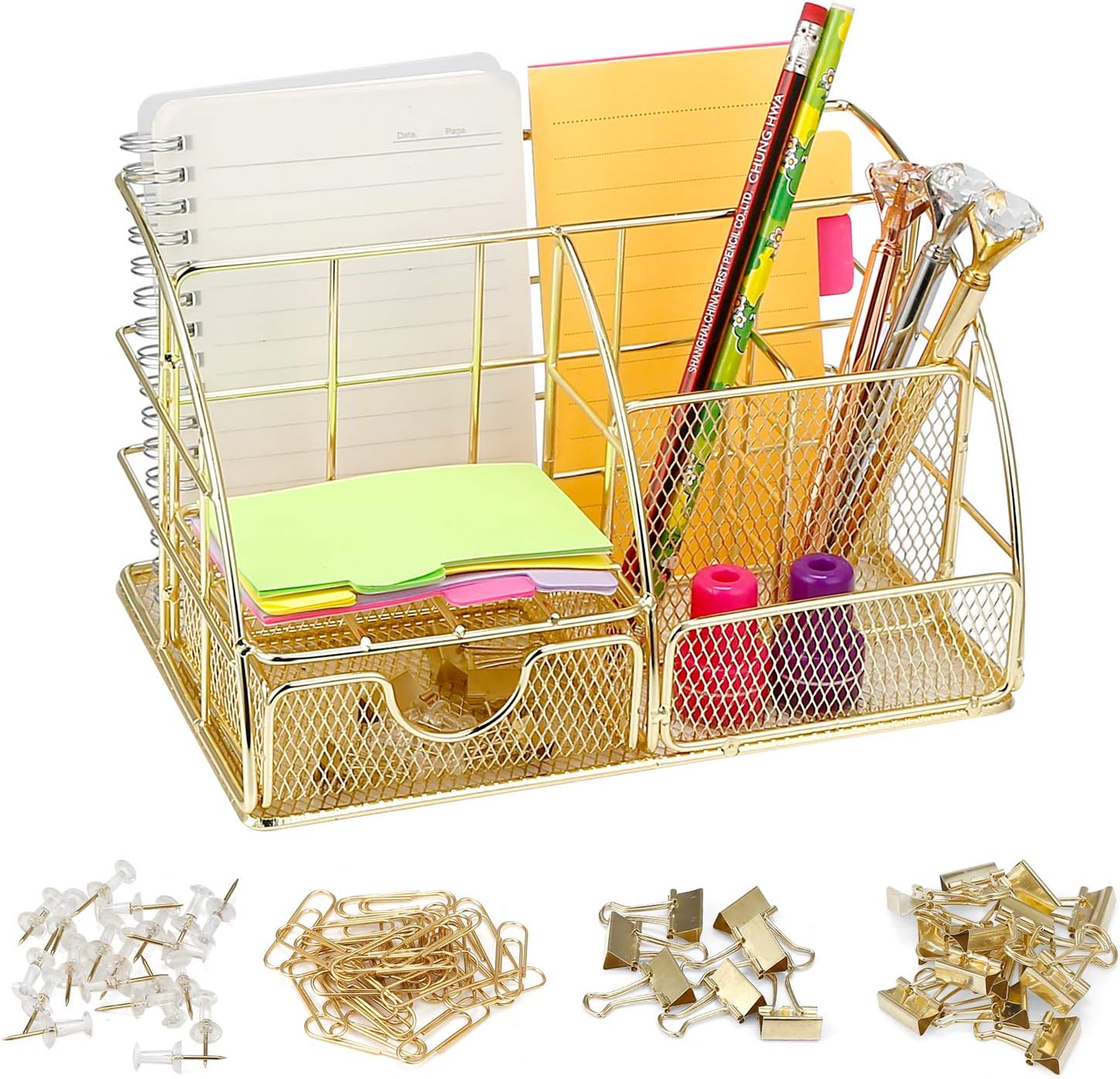 Rose Gold Desk Organizer with Drawer,File Tray and 4 Upright Sections for Pen,Marker,Paper etc, Mesh Metal Multi-Use Stationery Desktop Organizer for Office,School,Home: Home Improvement