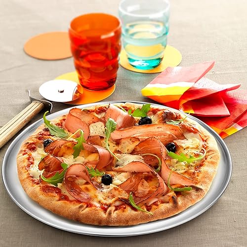 Miniatura 6 de Deedro Bandeja redonda de acero inoxidable para pizza de 13 pulgadas, bandeja para hornear pizza, bandeja para hornear pizza saludable, bandeja para