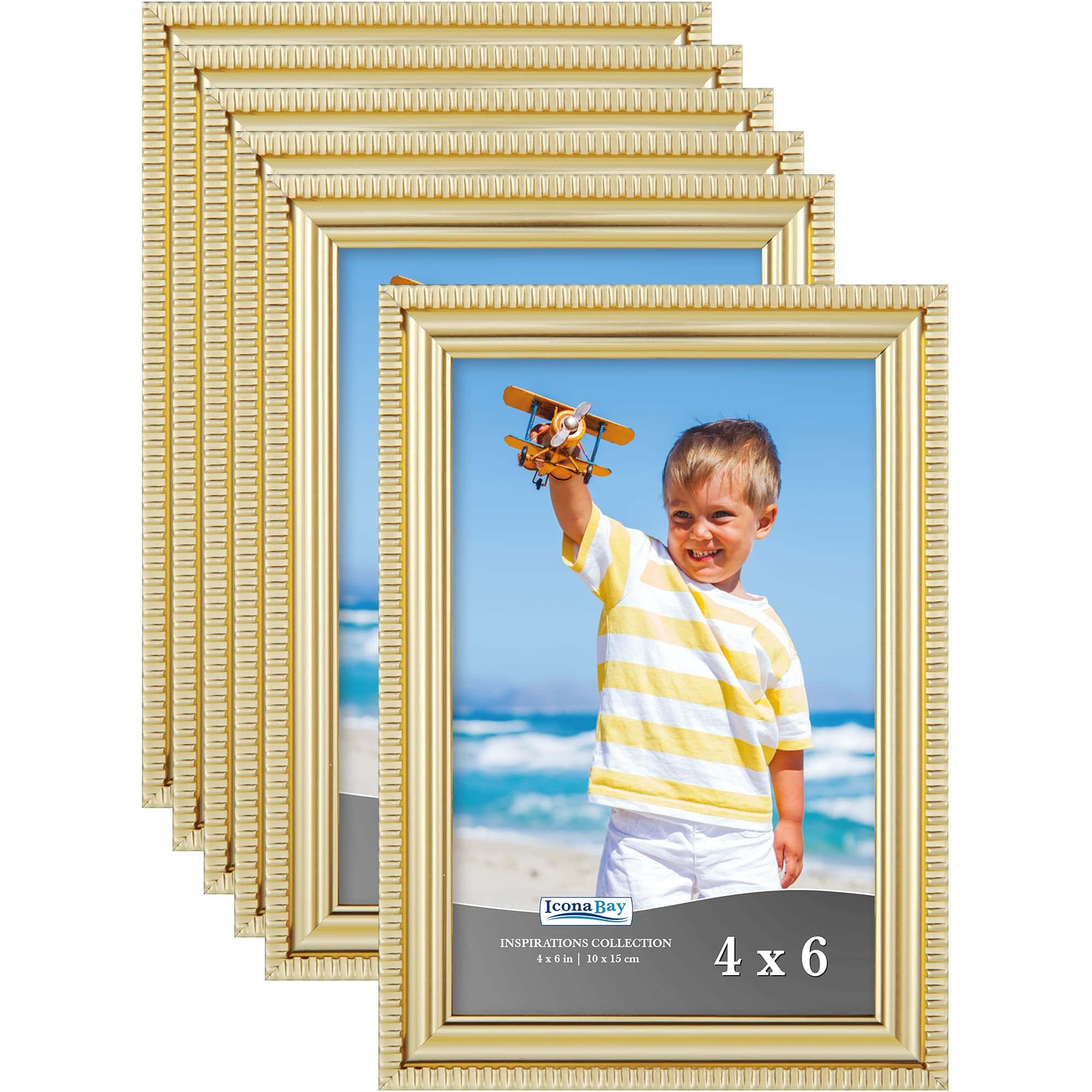 Icona Bay 4x6 Picture Frames (Gold, 6 Pack), Beautifully Detailed Molding, Contemporary Picture Frame Set, Wall Mount or Table Top, Inspirations Collection