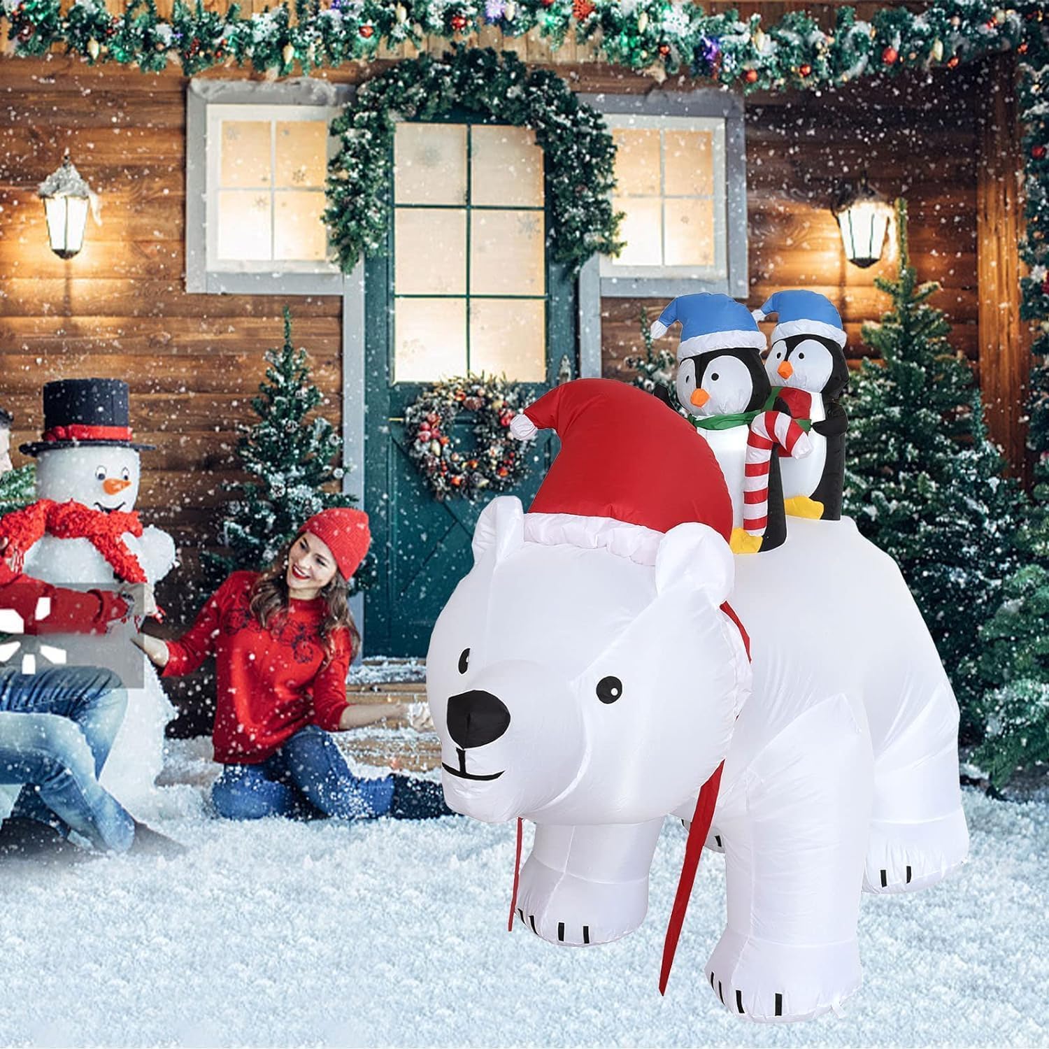 6 FT Christmas Inflatable Penguins Riding Polar Bear with Shaking Head Outdoor Decoration, Christmas Inflatables Blow Up Yard Decor with LED Lights for Xmas Holiday Party Indoor Garden Lawn Décor