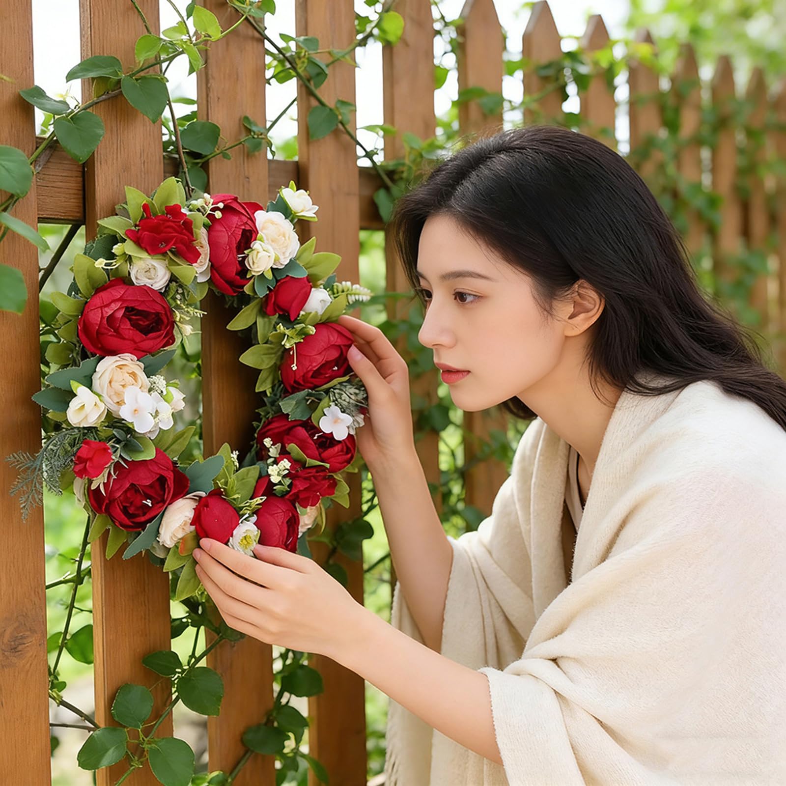 Künstlicher Dekokranz,40cm Rot Pfingstrosen Türkranz mit Blumen und Blätter,Türkranz für alle Jahreszeiten, für Zuhause, Haustür, Wände, Fenster, Festivals und Hochzeiten Deko