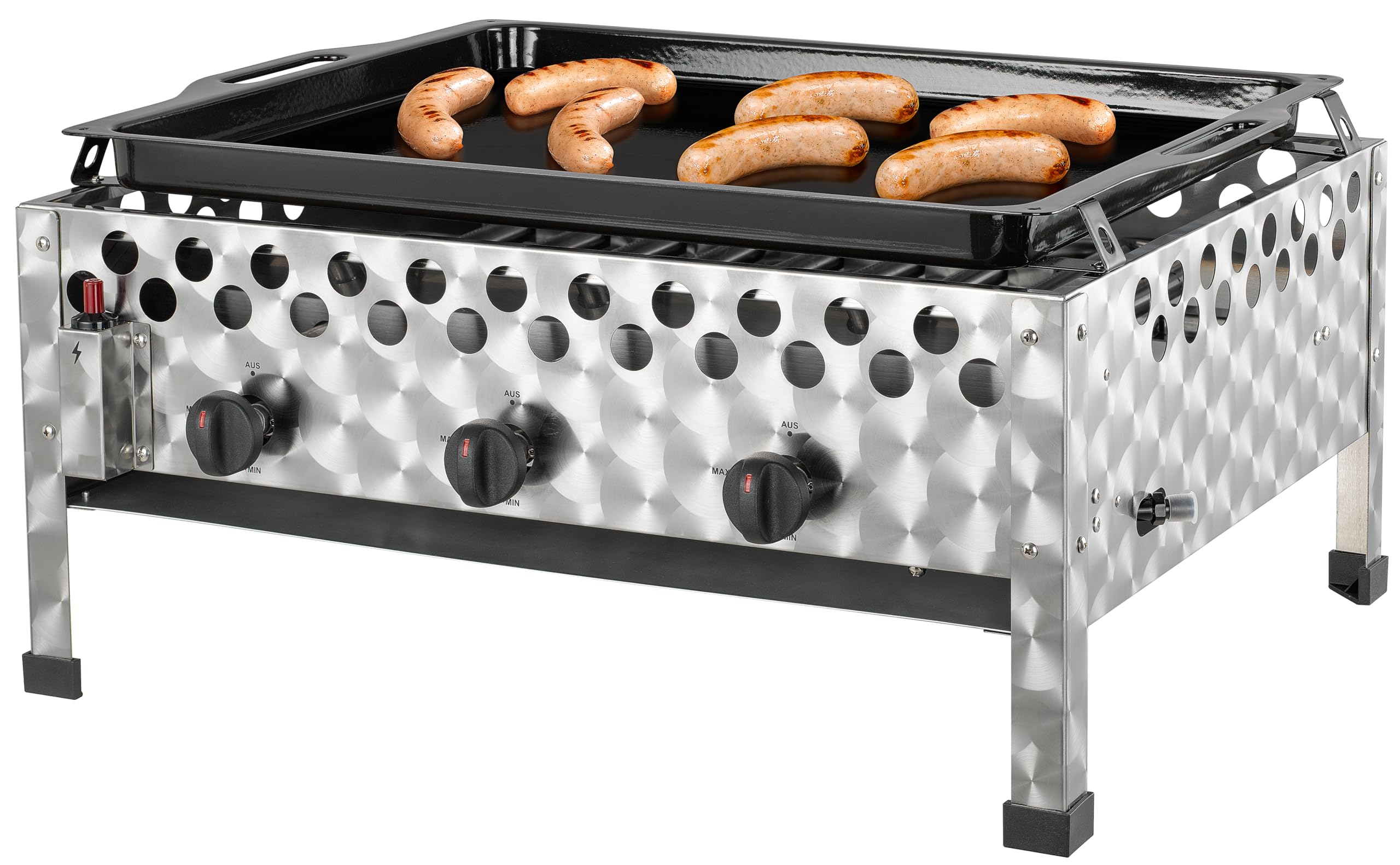 tepro Gasgrill Wurstbräter mit Grillpfanne, 3 Edelstahl-Brenner je circa 4 kW, Grillfläche circa 56,5 x 46,5 cm, Maße circa 60 x 54,5 x 28,2 cm