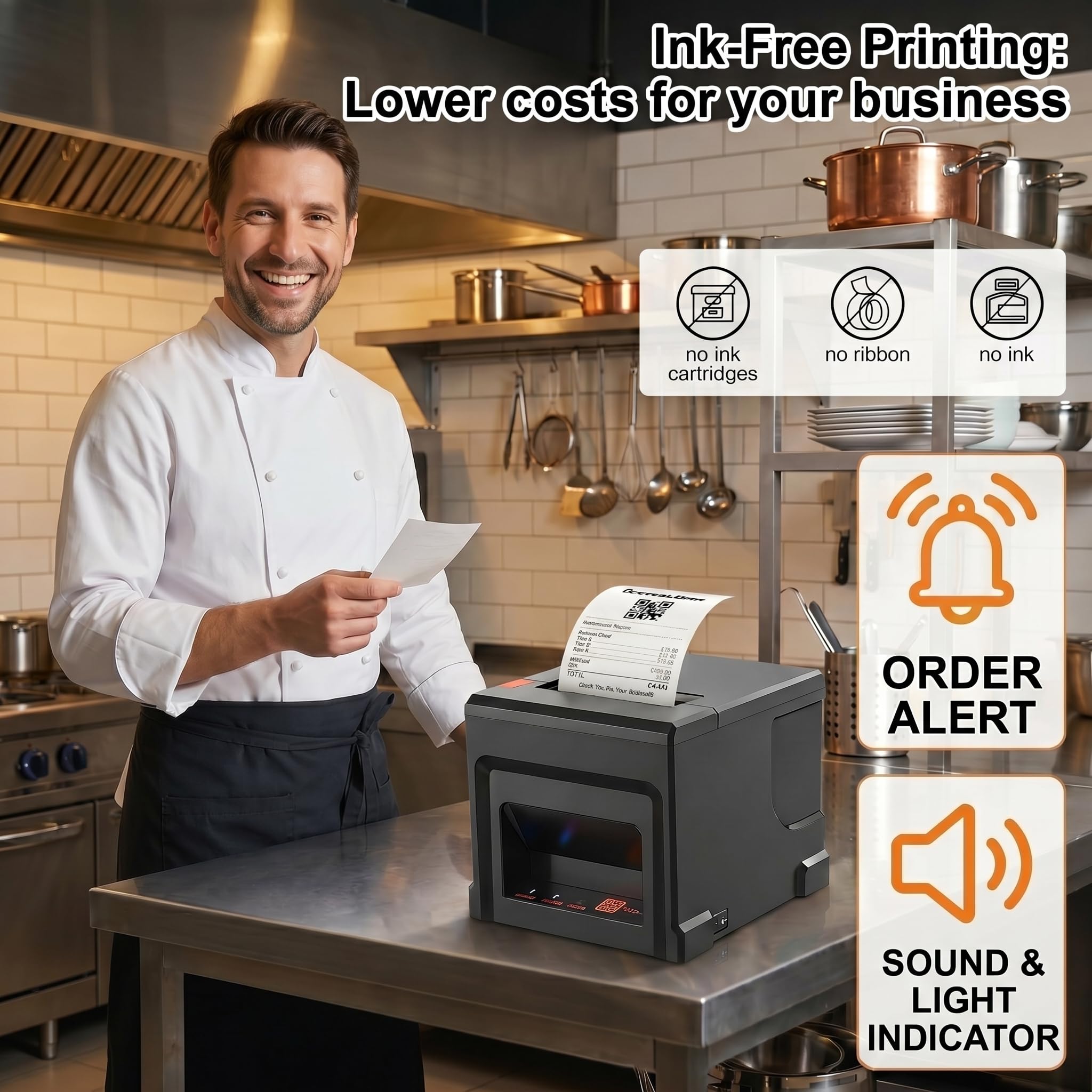 80 mm drukarka paragonów, Bluetooth Pos z automatycznym obcinaczem, 300 Mm/S USB drukarka termiczna restauracja kuchenna, papier 5-rolkowy, pomarańczowy czarny