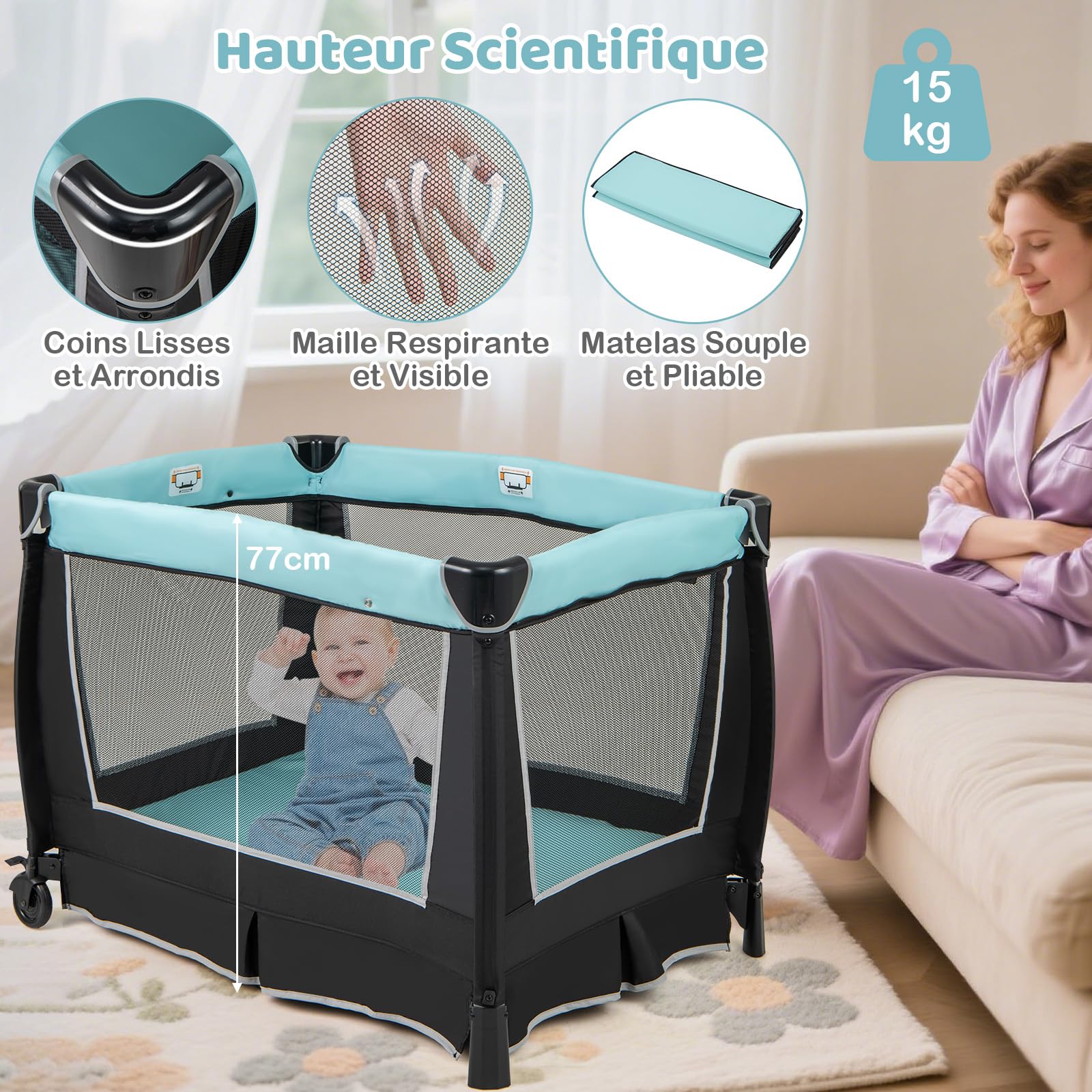 COSTWAY 6 en 1 Lit Parapluie Bébé avec Matelas & Table à Langer, Lit Bébé Evolutif avec Auvent Réglable & 2 Jouets, Musique et Sac de Transport, Berceau pour Bébé de 0-3 Ans