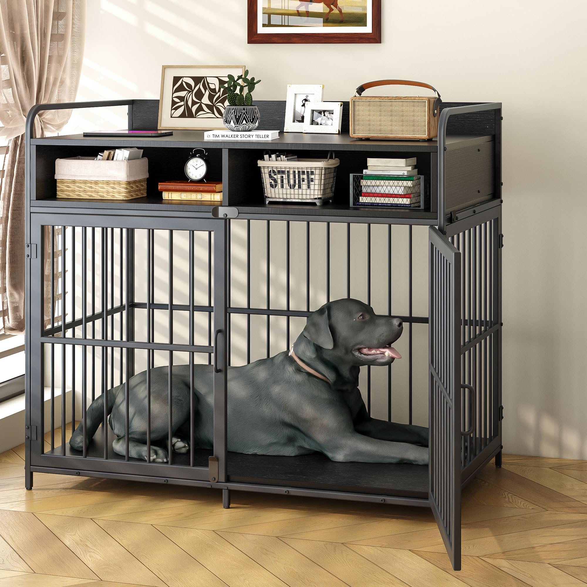 Saudism Dog Crate for Large Dogs, Black Furniture Dog Crate, Large Dog Kennel Indoor, Heavy Duty Wood Dog Cage Table with Drawers Storage, Sturdy Metal, Inner Size: 39.4" L x 22.5" W x 23.3" H (incomplete, similar to stock photo)
