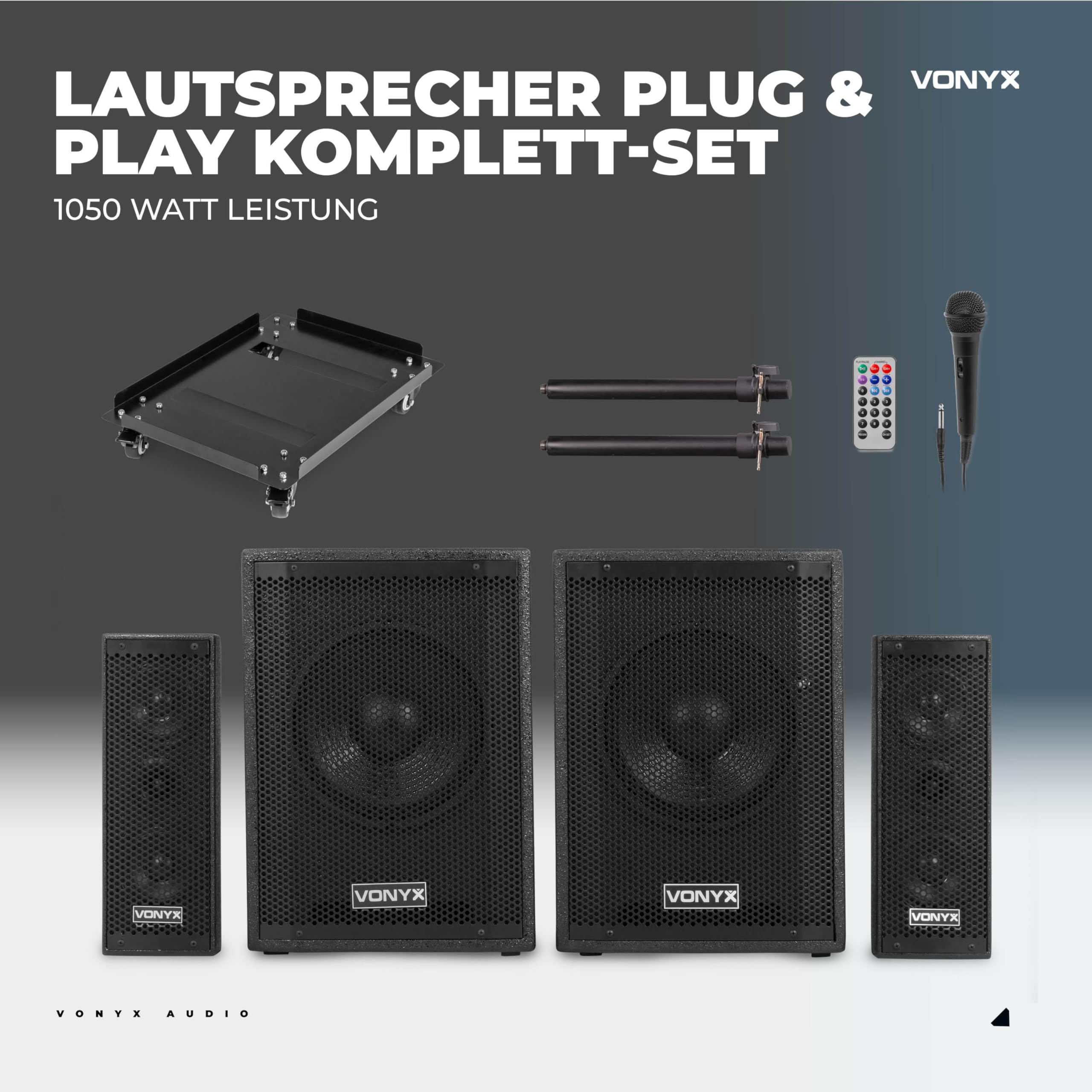 Vonyx VX1020BT - PA Anlage Komplettset 2.2-1050 Watt DJ Set, Musikanlage Bluetooth, 2X 10 Subwoofer, Topteile, Mikrofon, Trolley & Stative – Aktive PA Lautsprecher für Party & Karaoke