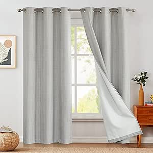 jinchan 100% Blackout Grey Curtains 84 Inches Long for Bedroom Living Room Linen Textured Room Darkening Thermal Insulated Grommet Top Window Treatment Drapes 2 Panels Heathered Gray