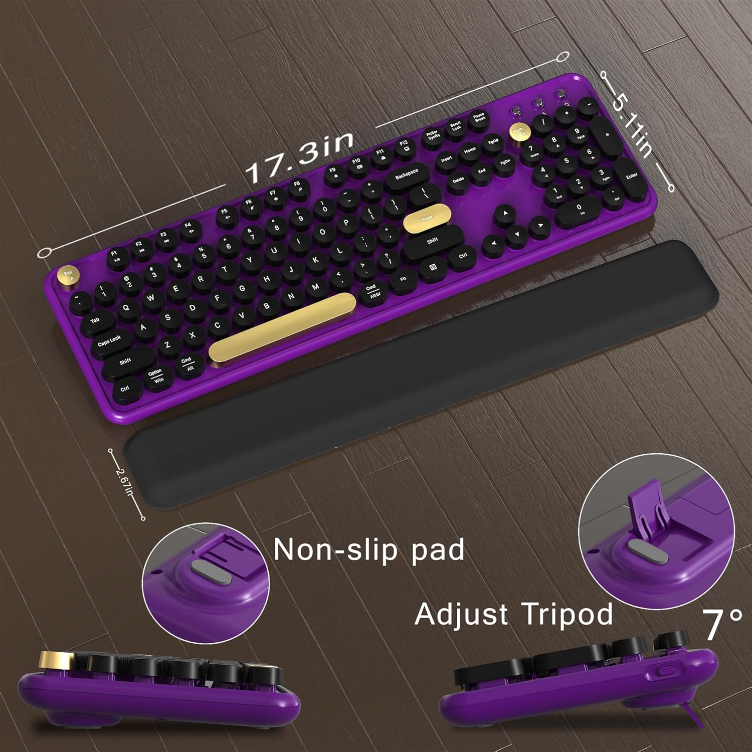 MPTOG Colorful Wireless Computer Keyboard and Mouse Combo with Round Typewriter Keycaps, Retro Design, Power Switch, Ergonomic Design, 2.4GHz Wireless for Windows, Mac, PC(Black-Purple) - Image 6