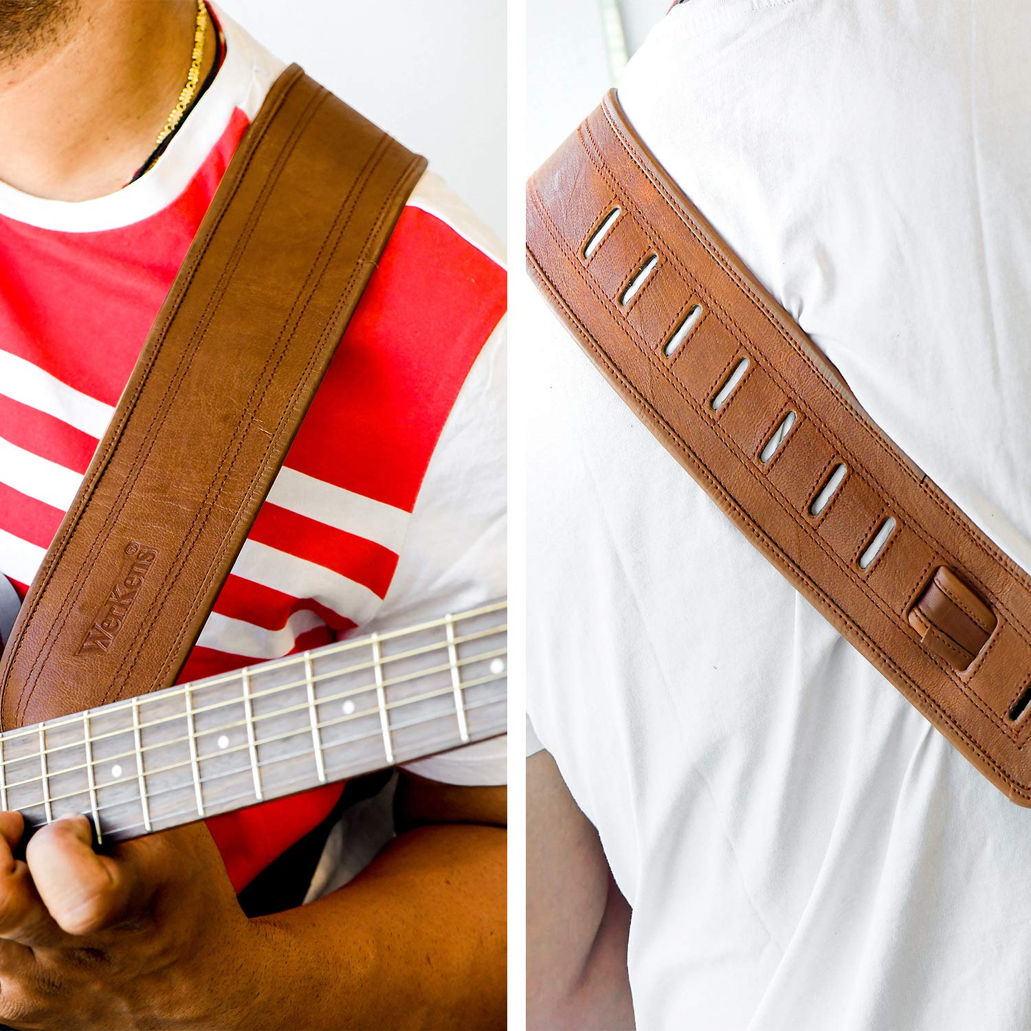 Buy WerKens Full Grain Leather Guitar Strap Double Stitched 3" Inch