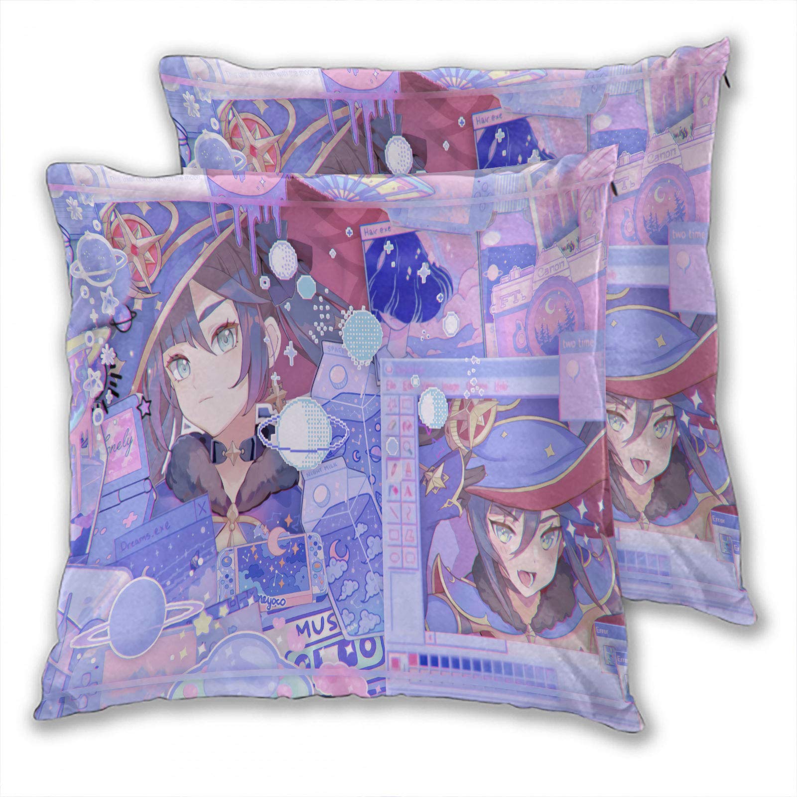 Beach Throw Pillow Covers Genshin Impact Games Mona anime witch hat girls Home Decor Car Living Room 16x16inch(40x40cm) Pack of 2