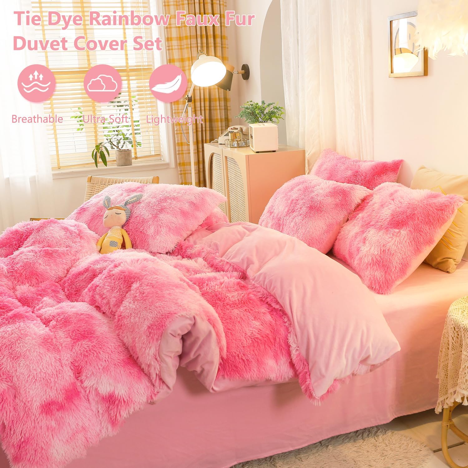 SUCSES Pink Fluffy Duvet Cover Set Twin Size Plush Shaggy Faux Fur Bedding Set for Girls Kids Teens Colorful Tie Dye Rainbow Furry Pink Comforter Cover Set (Hot Pink, Twin) - Image 3