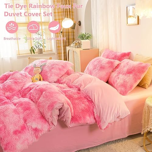Miniatura 19 de SUCSES Faux Fur Duvet Cover Set Twin Size, Tie Dye Rainbow Plush Shaggy Girls Bedding Set, Soft Velvet Fluffy Fuzzy Ombre Comforter Cover Set