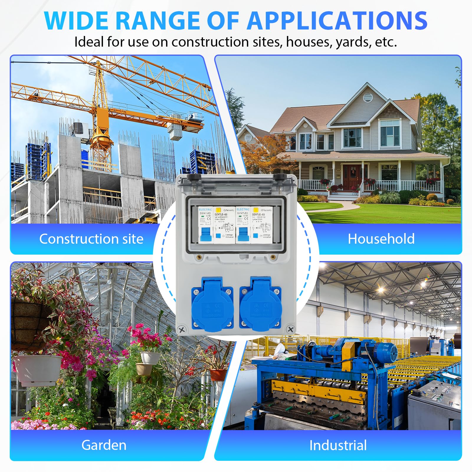 Distribuidor de Corriente 16A para Construcción, con Interruptor FI, IP67 Estanco, con 2 tomas de 230V, para Uso en Interiores y Exteriores, Talleres y Fábricas