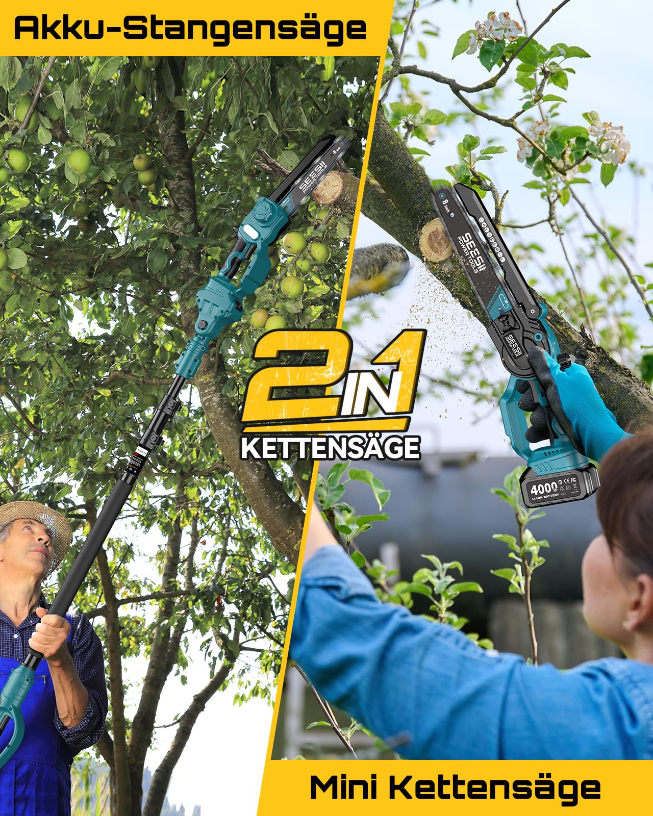 SEESII 2-in-1 8 Zoll Akku Astsäge & Mini Kettensäge mit 2×4000mAh Akkus | Bürstenlose Kettensäge mit Teleskopstange, Ausziehbar bis 4,5m für Baumschnitt, Astschnitt und Gartenpflege