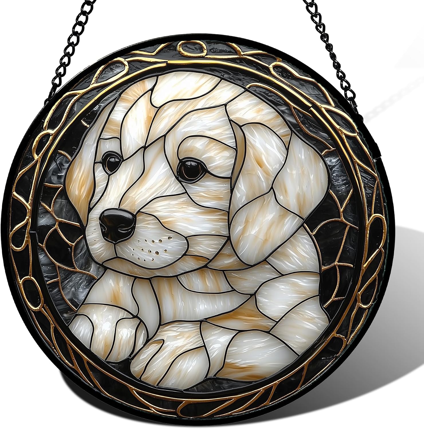 DASTOLL Stained Glass Window Hanging, Black and White Gold Dog Suncatcher for Doors Window Home Lost Pet Comfort Gift Sun Catchers Decor Mother's Day Birthday Gifts for Women, Men Mom 15 in