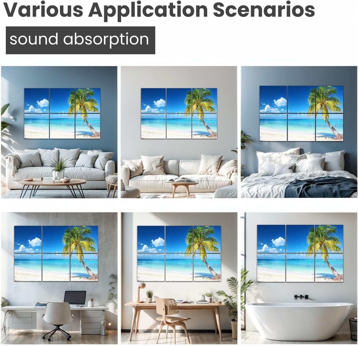 Art Acoustic Panels Scenic Coral Beach With Palm Tree 6 Pack Decorative Sound Absorbing Wall Panels 72x48" Noise Canceling Soundproof Padding Room Decor for Office
