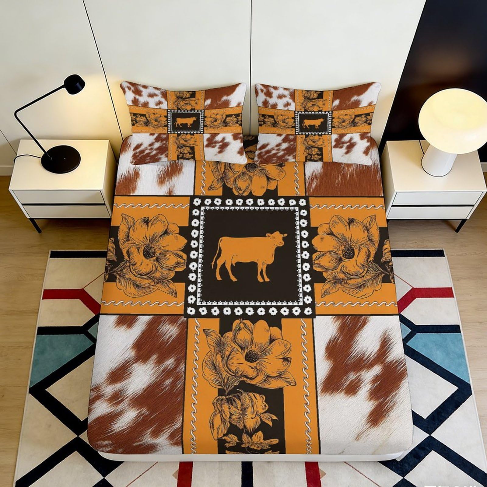 3D Printed Cow Patchwork Fitted Sheet Microfiber Soft Brown Farm Floral Mattress Cover for Bedroom Dorm Decor 90x200x25cm