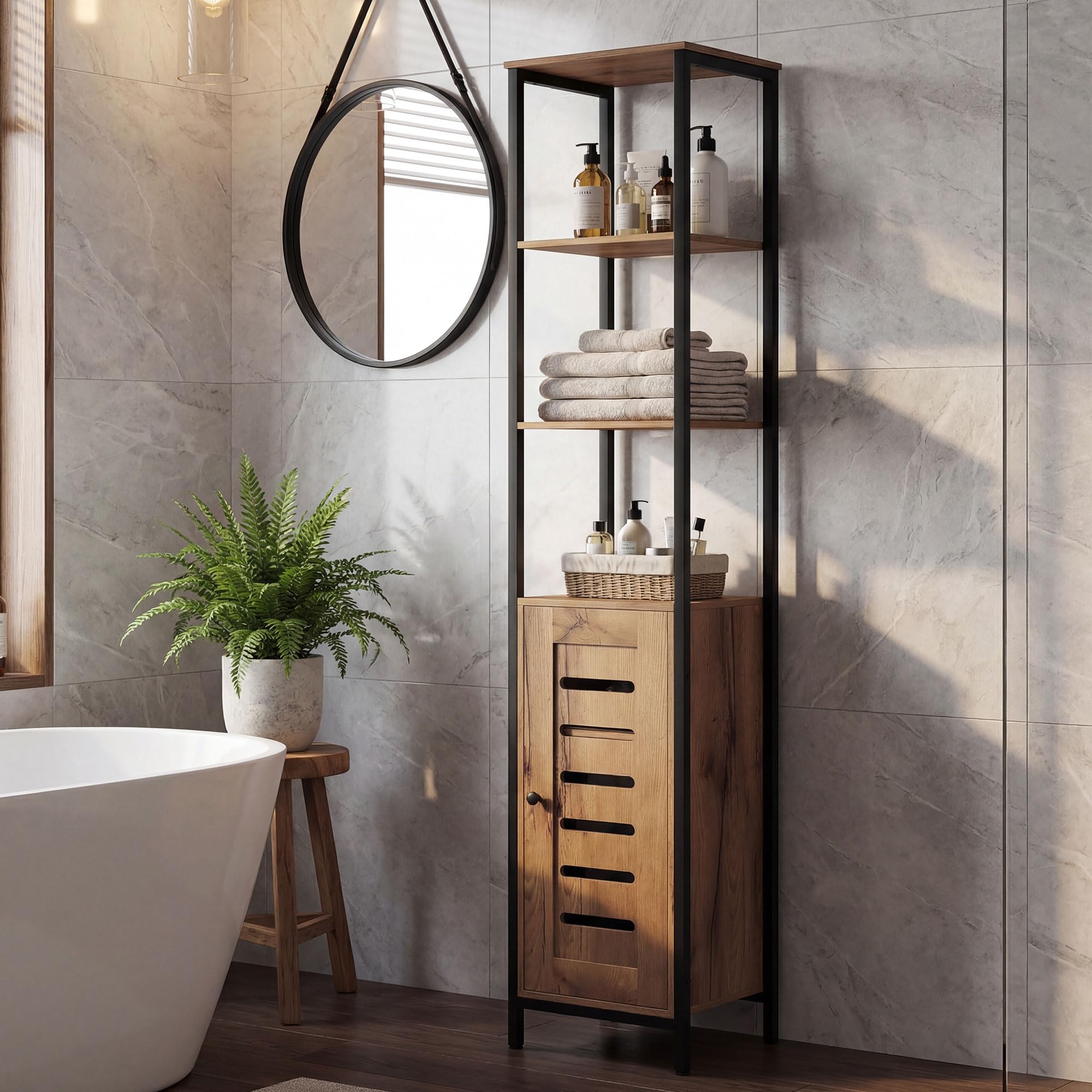 kleankin Armario de Baño Alto con Puerta de Lamas, Estantes Ajustables y Compartimentos Abiertos, Columna de Baño Estrecha, Marco de Acero, 37x30x167 cm, Marrón Rústico