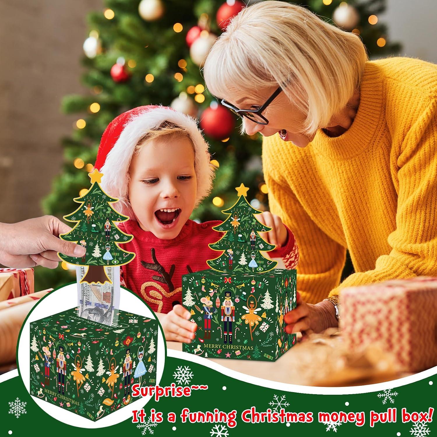 Christmas Money Box for Cash Gift Pull, Surprise Money Gift Boxes for Kids Adults with 50Pcs Transparent Bags - Fun Ways to Give Cash as A for Your Loved Ones image 2