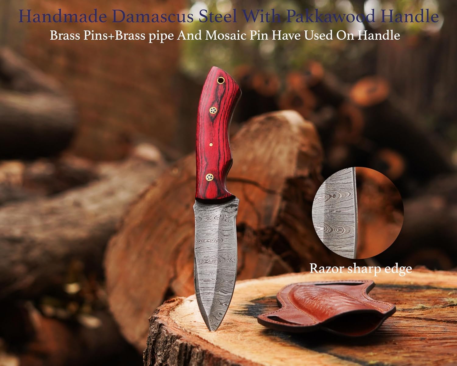 Fixed Blade Damascus Steel Hunting Knife with Leather Sheath, 9'' Full Tang Hunting Skinning Knife,Non-Slip Wooden Handle,Camping Blade