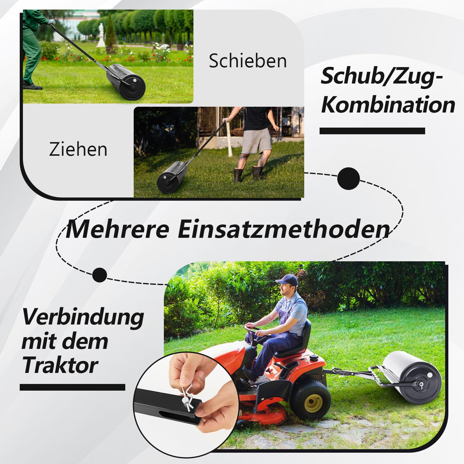 RELAX4LIFE 63L Bodenwalze, Ø 30 cm Gartenwalze Metall, Rasenwalze mit U-förmigem Griff, Handwalze Befüllbar mit Wasser/Sand, 3-in-1 verwendbare Rasenrolle, Füllvolumen für Boden Wiese Frost (Schwarz)