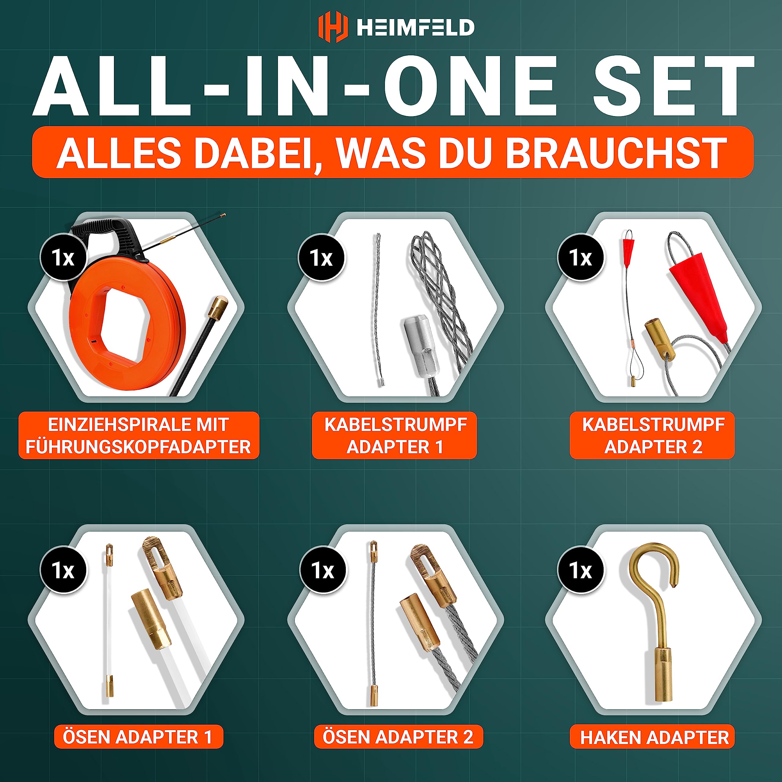 Kabeleinziehhilfe 30M - Hochwertige Einziehspirale inkl. 6 Adapter - Zugdraht für Leerrohre mit bruchsicherem Kabel [4mm] - Einziehfeder mit verbesserter Version [2024] - Einziehhilfe