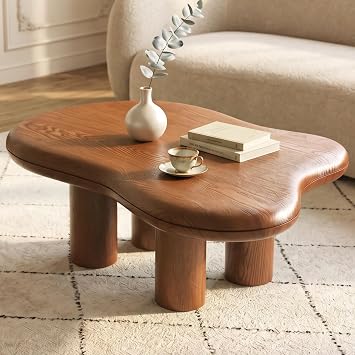 Guyii Cloud-Shaped Coffee Table, Modern Sofa Table with 4 Legs, Walnut Finish Center Table, Small Irregular Tea Table for Living Room, Bedroom, Easy Assembly