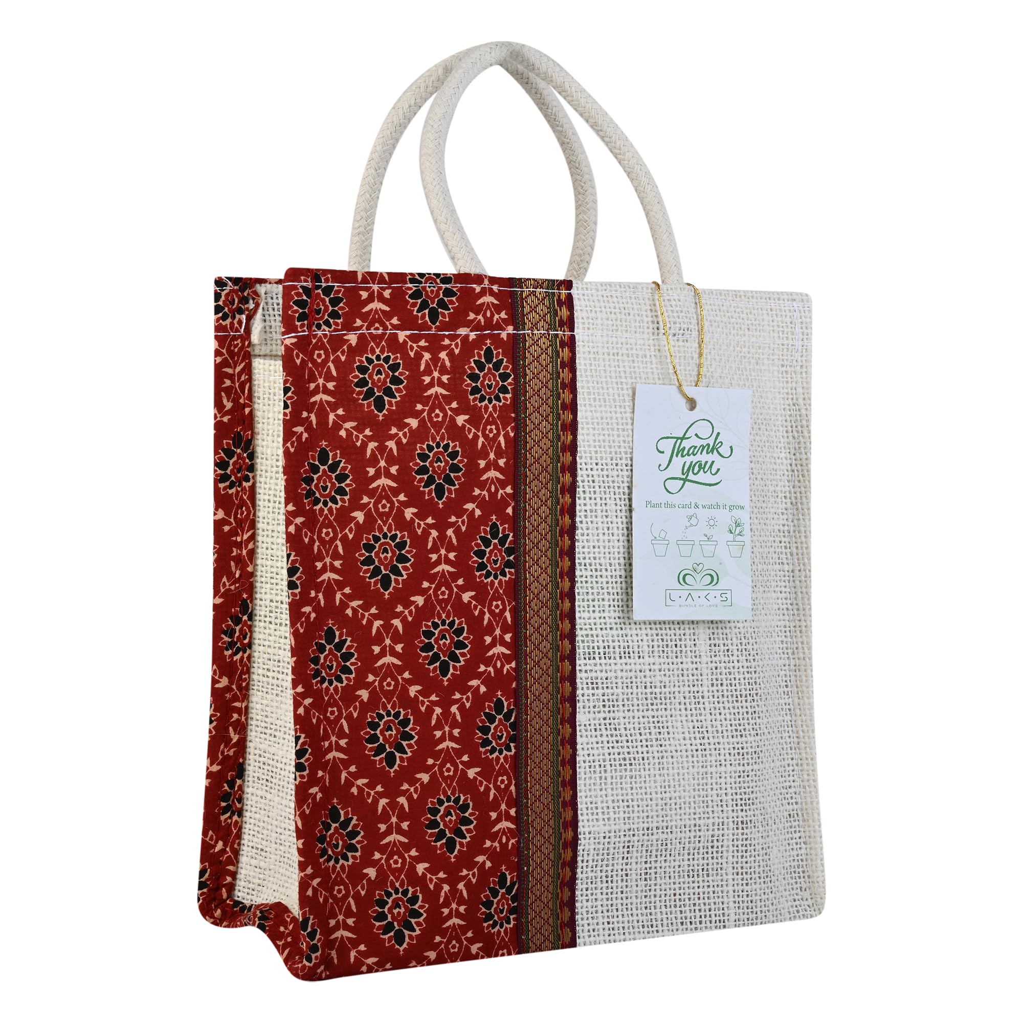 LAKS - Jute Bags - Jute Bags For Return Gifts - Return gift bags - Gift bags Small Size - 9x9x4 inch - With Seed Paper Thank You Card (Kalamkari - 1, Pack of 5)