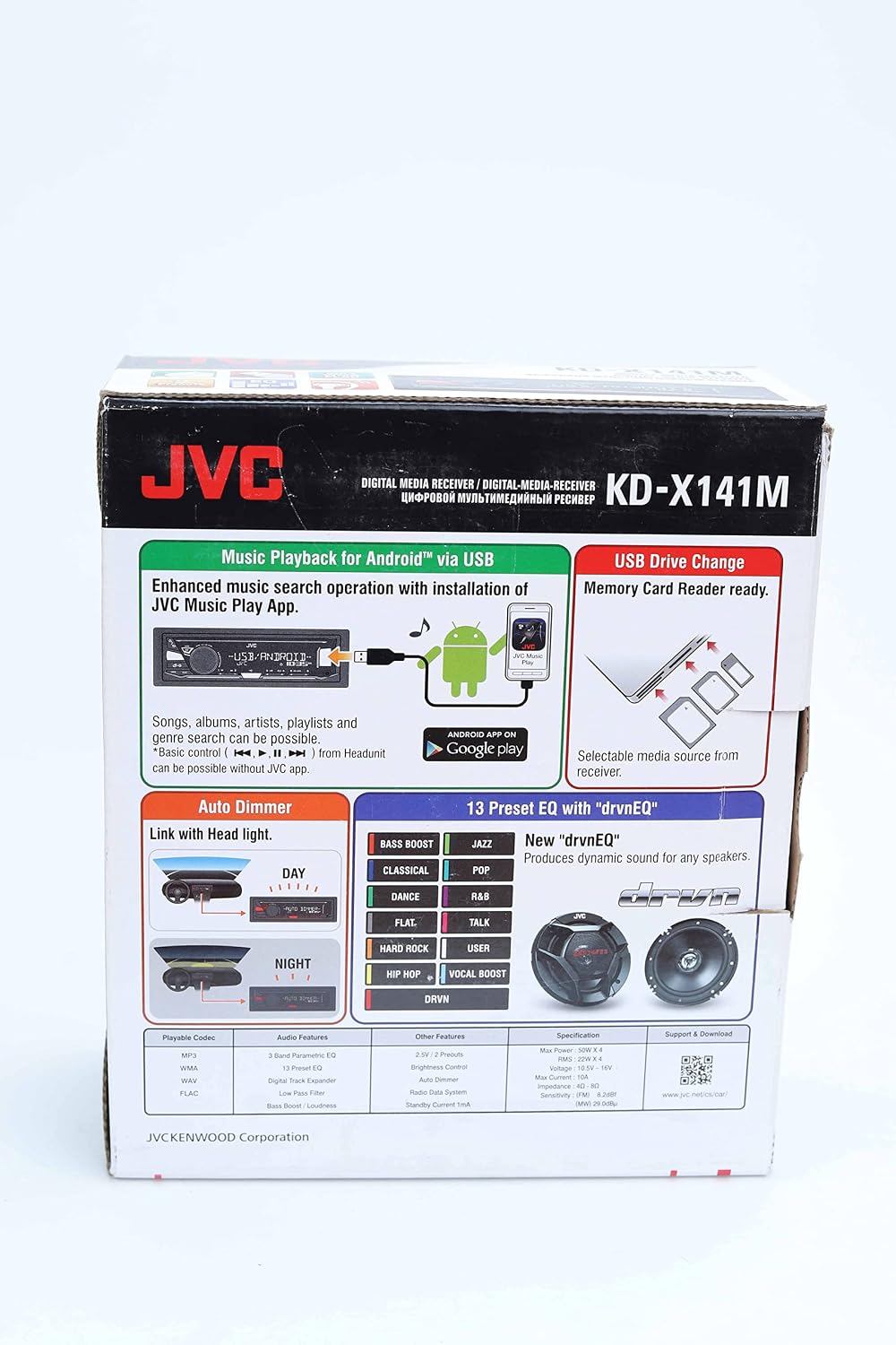 JVC KD-X141 Retail Box Highlighting Key Features