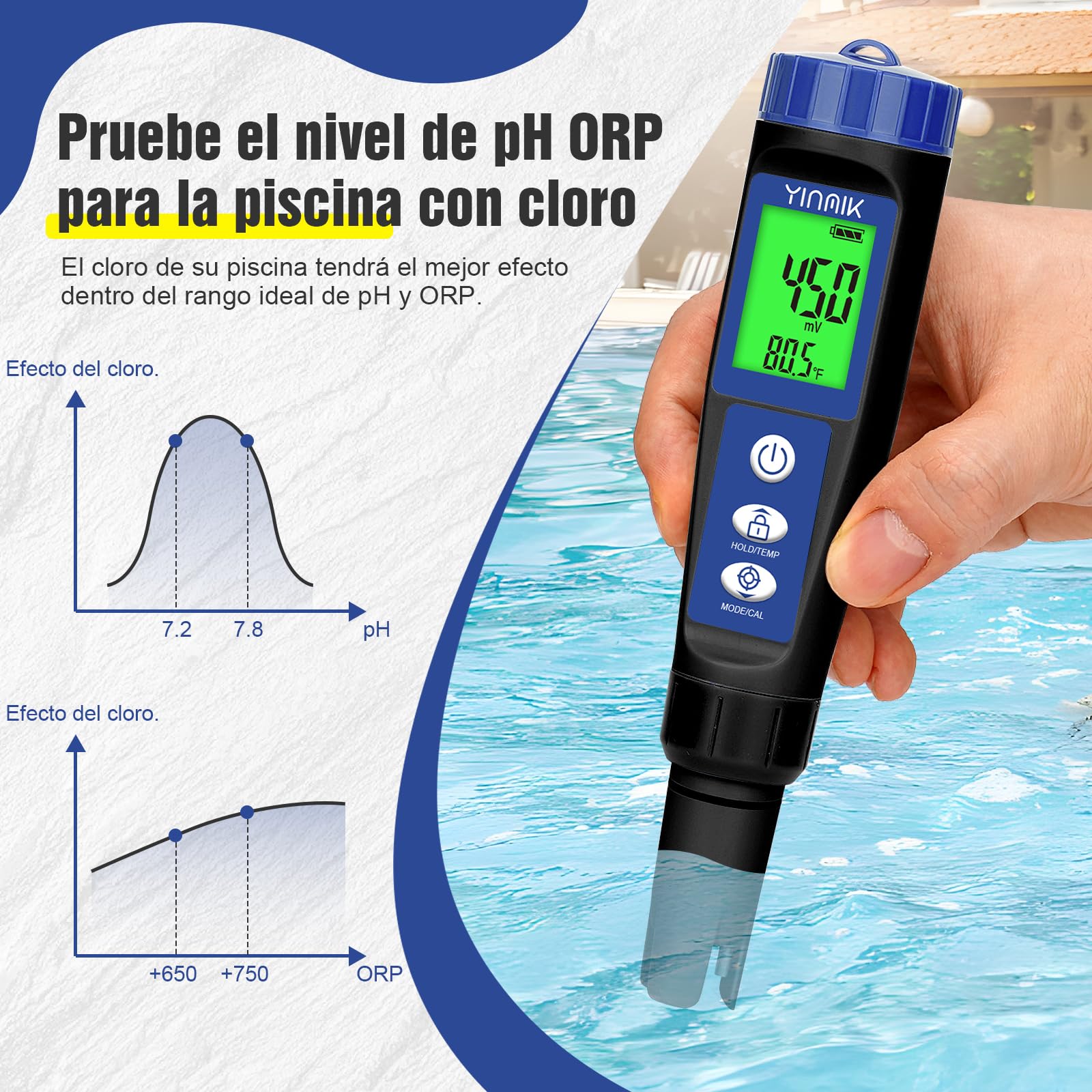 YINMIK Medidor de pH y Salinidad Piscinas, Monitor de Sal Piscina, Tester de Temperatura TDS 6 en 1 PH ORP EC TDS, Kit de Prueba de PPM y EC Hidropónico, Medidor de Conductividad del Agua Potable