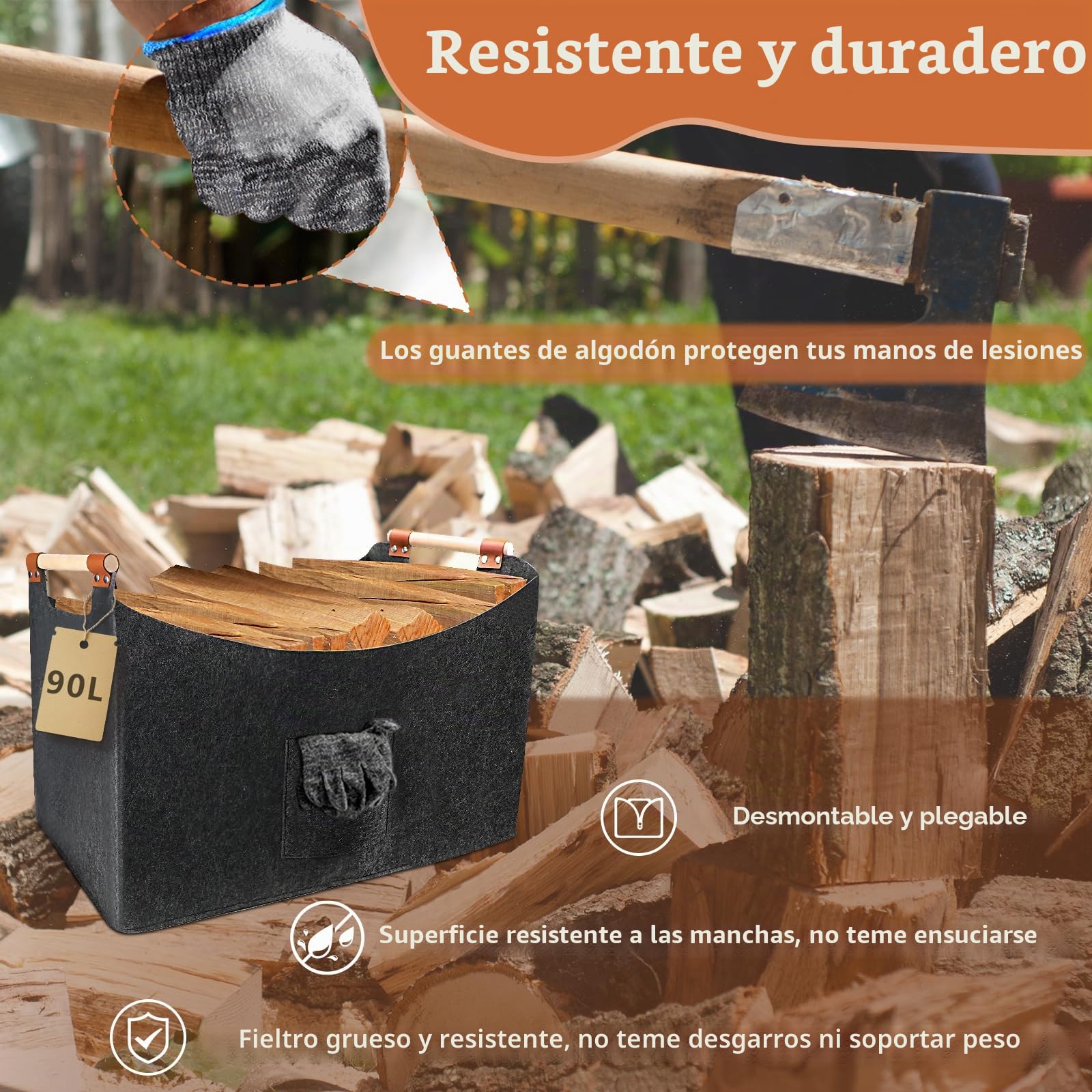 Cesta de madera para leña grande, de fieltro, XXL (96 L, 60 x 40 x 40 cm), plegable, fieltro extragrueso con mango de madera y guantes, para compras y leña, color gris oscuro (96 L)