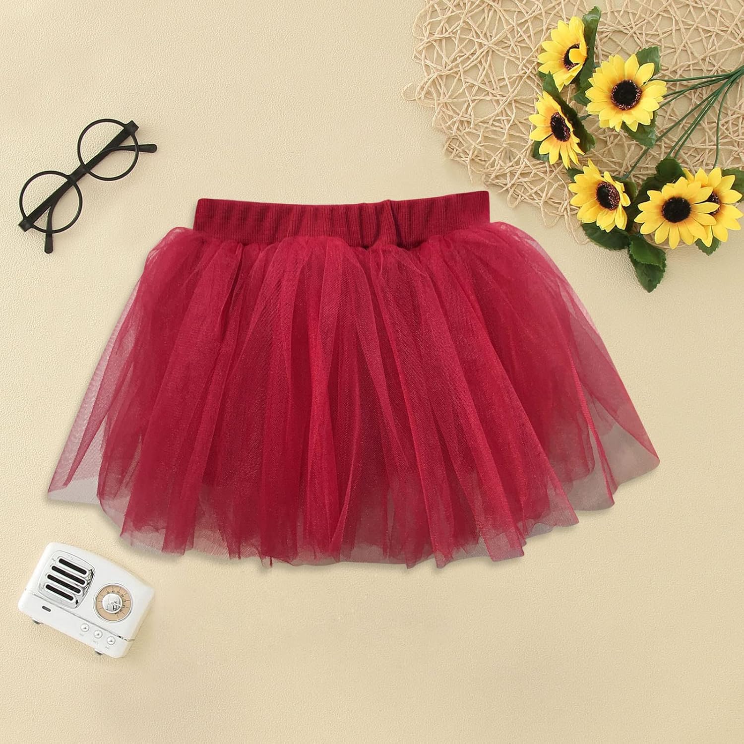Girls Flower Tulle Skirt Princess Ballet Dance Dress Tutu Skirt Outwear for Baby Kids (Red, 3-4 Years)