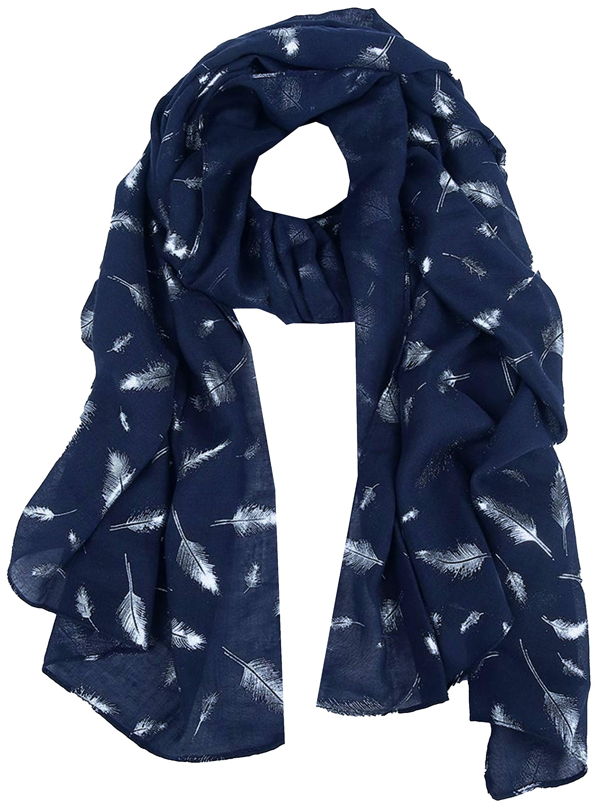 World Of Shawls Women's Feather Foil Navy Blue New Glitter Foil Sparkle Print Scarf Scarves (Feather Foil Navy Blue)