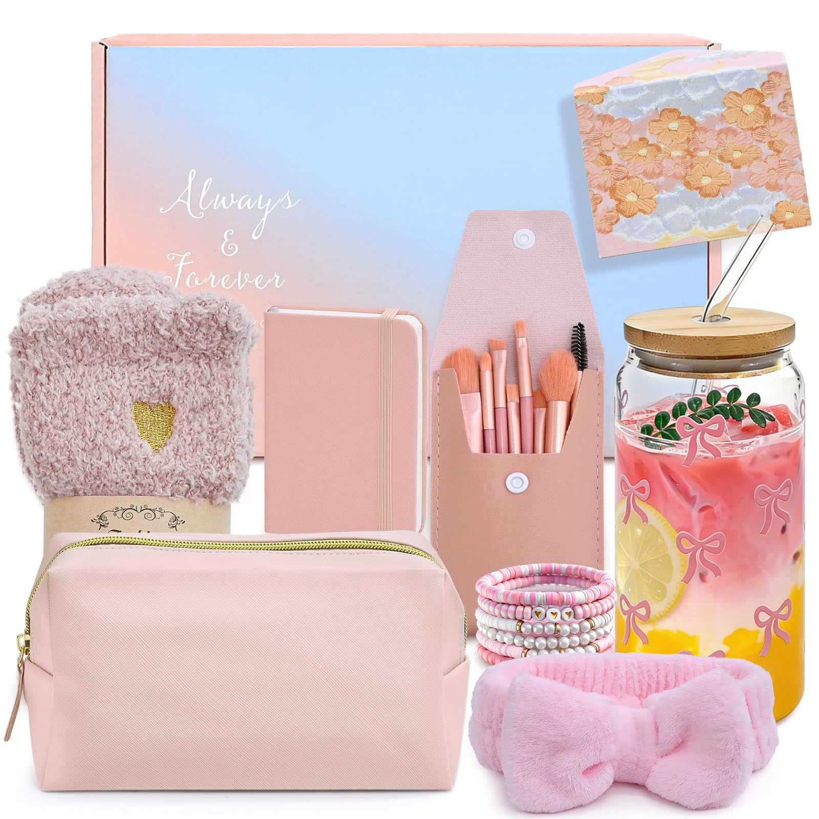 Regali per ragazze adolescenti 9, 10, 11, 12, 13, 14, 15, 16 anni, con bicchiere da 500 ml con stampa a fiocco, pennello per trucco, trousse per il trucco, fascia, calze, braccialetto, taccuino