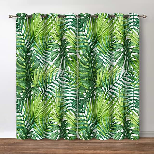 Jekeno Tropical Leaf Blackout Curtains - Room Darkening Window Drapes Na...