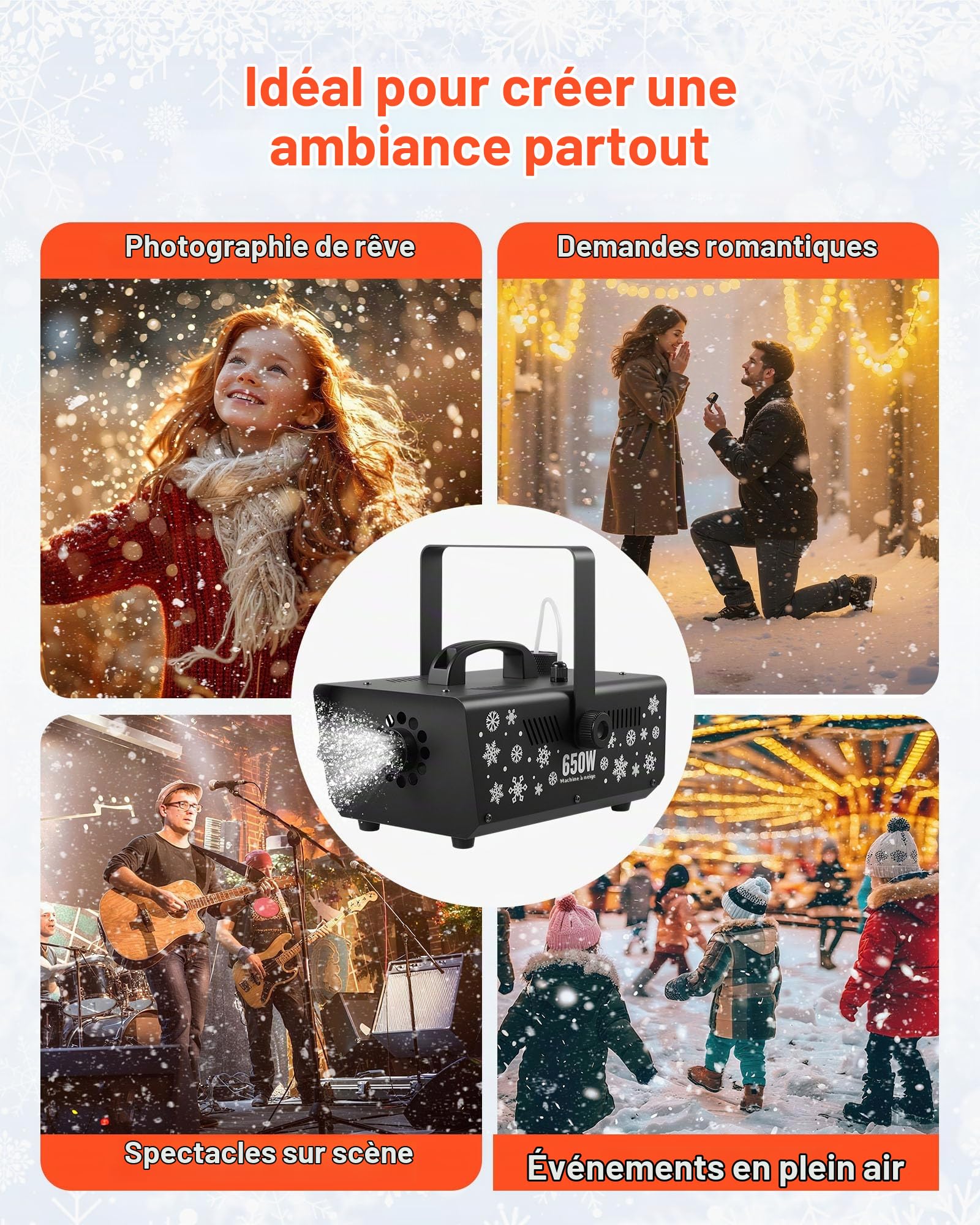 VEVOR Machine à Neige, 650 W, Machine à Flocons de Neige Artificielle Portative Suspendue, avec Poignée Portable, pour DJ, Fêtes de Noël, Effet de Scène, Décoration de Mariage, Extérieur et Intérieur