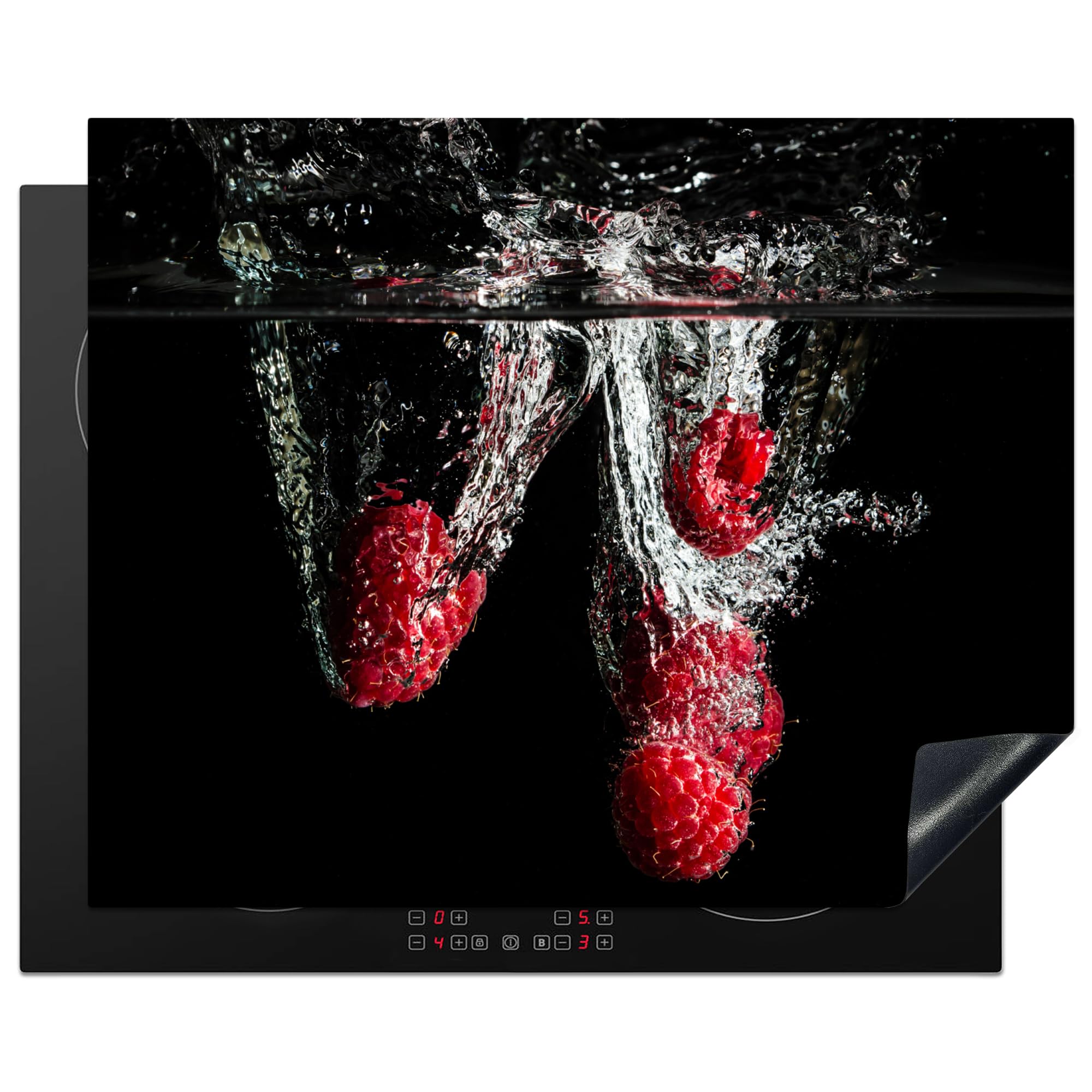 KitchenYeah© Induction Hob Protector Mat 20.5"x25.6" / 65x52 cm Cooker Top Protectors Cover Ceramic Covers Electric Hobs Vinyl Raspberries - Fruit - Still Life - Water - Black - Red
